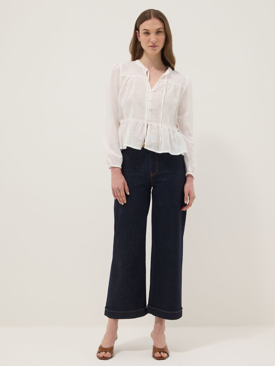 White pure cotton tie-front shirt, regular fit_1