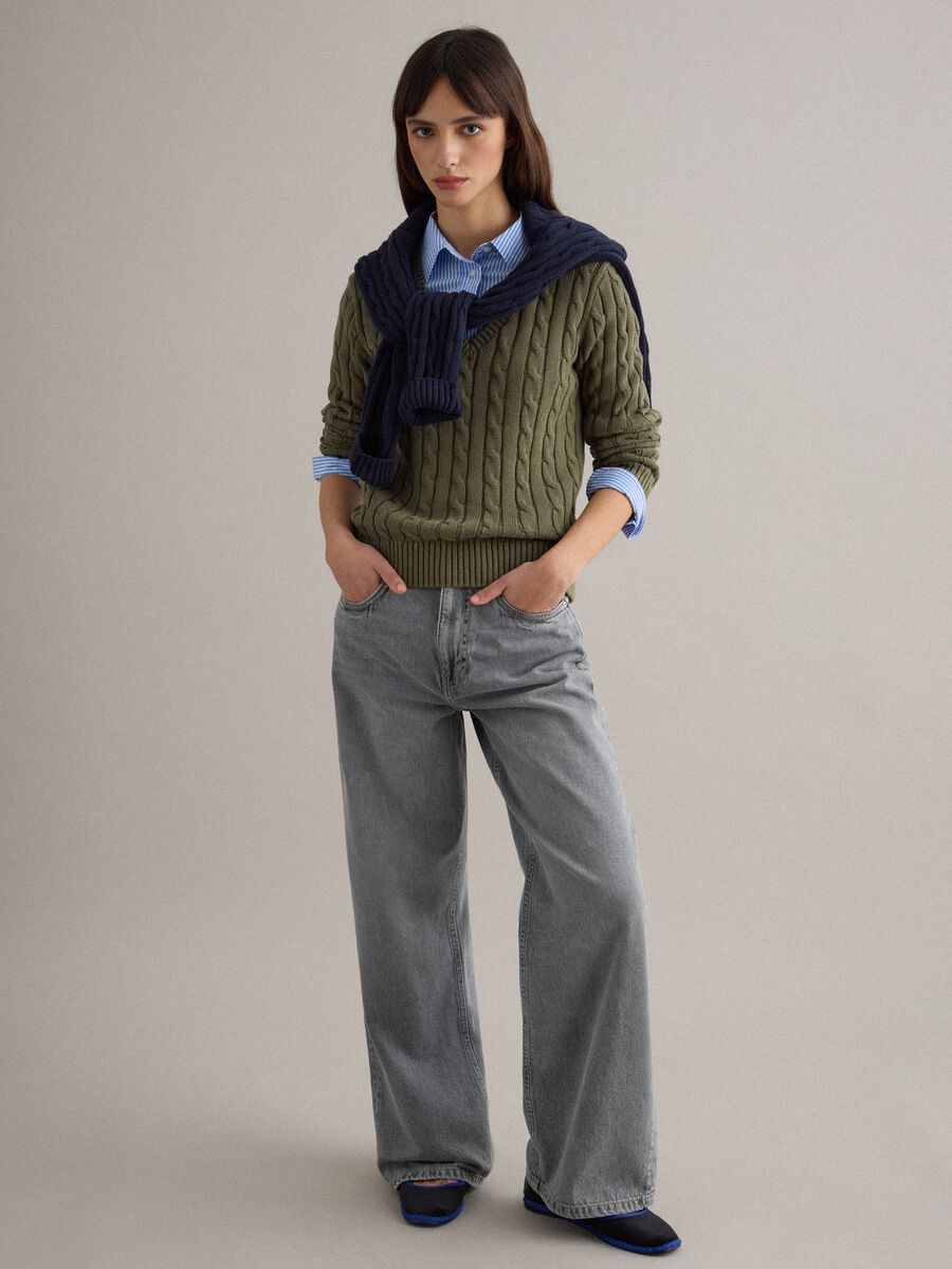 Green pure cotton regular fit pullover with cable knit_2