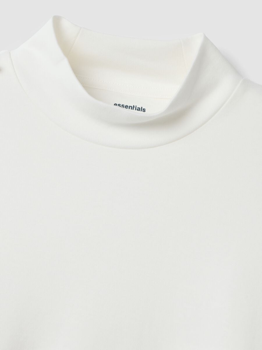 T-shirt bianca in puro cotone con collo rialzato strutturato_1