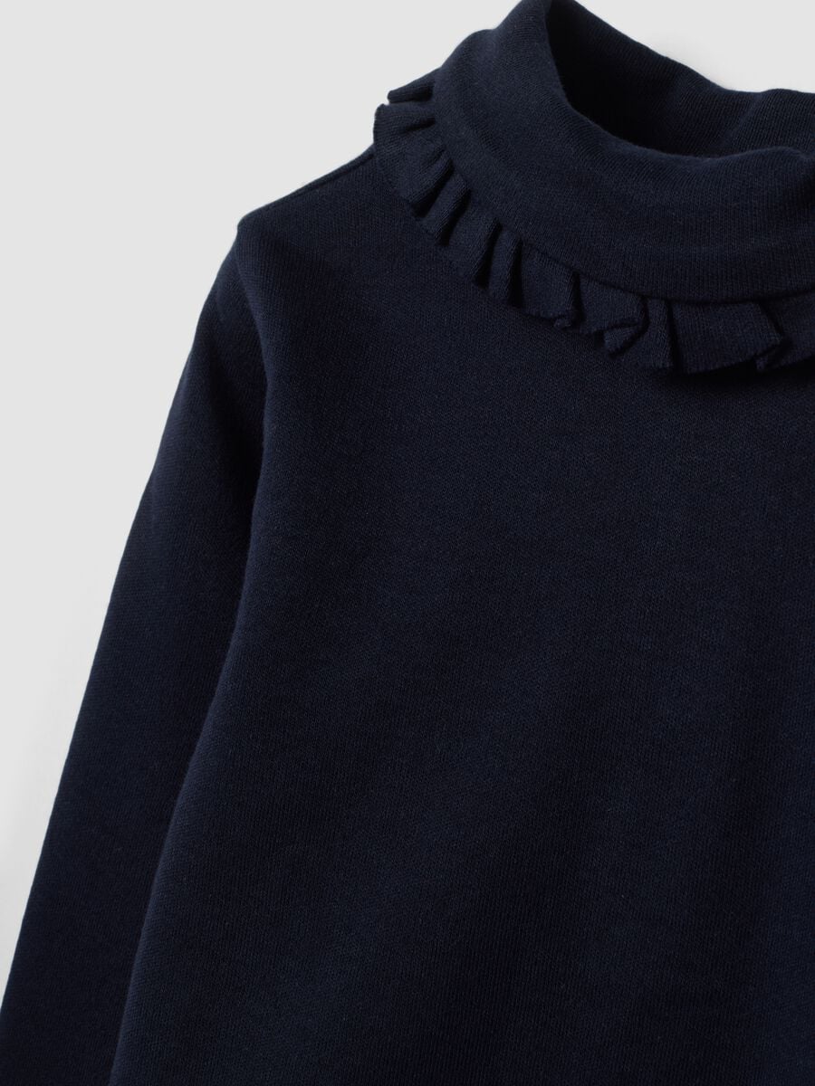 Navy pure cotton T-shirt with ruffled high neck_2