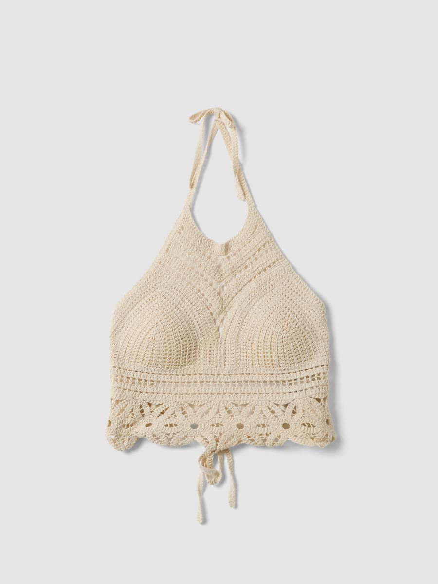 Beige crochet crop tank top in cotton blend, regular fit_4