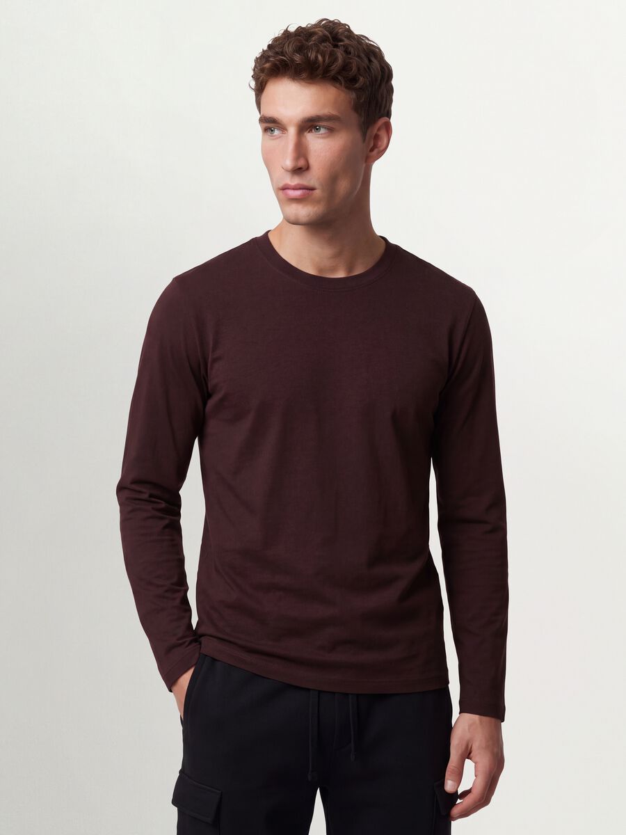 Brown long-sleeved pure organic cotton crew-neck T-shirt_0