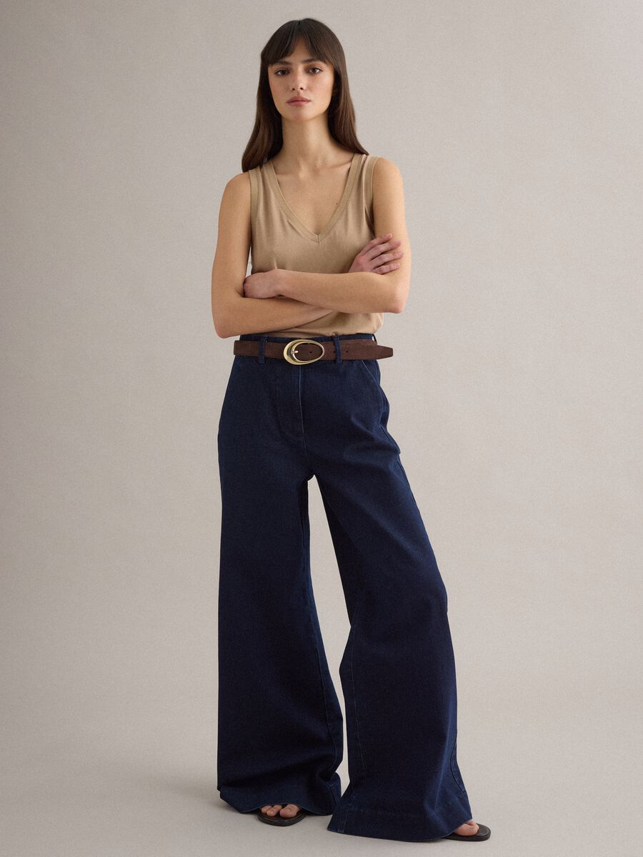 Beige cotton blend regular fit V-neck tank top_2