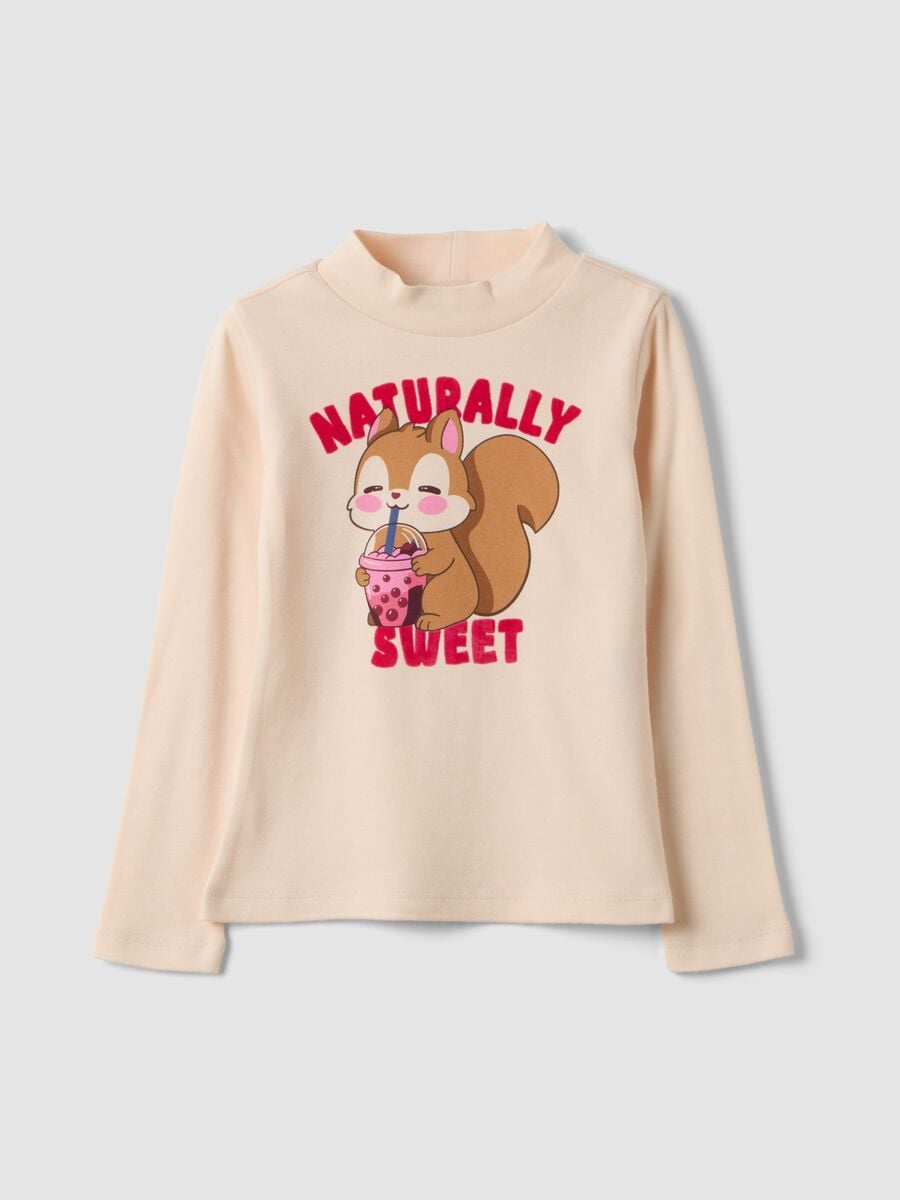 Pink long-sleeve T-shirt with high neck in pure organic cotton_0