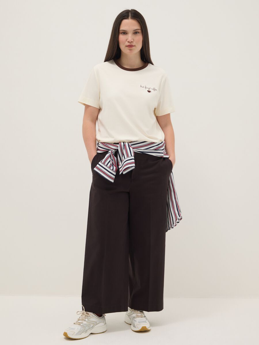 White stretch cotton regular fit T-shirt with embroidered coffee_1