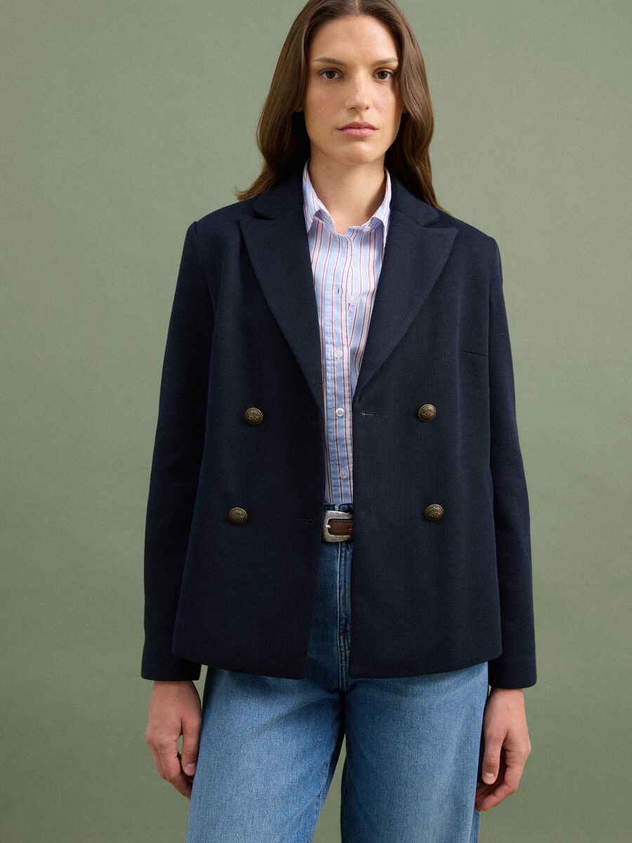 Navyblauer Regular-Fit Zweireiher-Blazer mit klassischem Revers_0