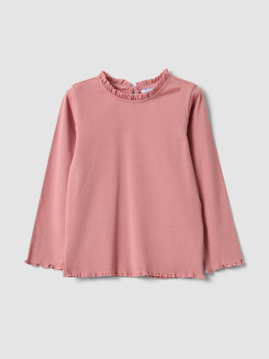 Pink ribbed crew-neck top in stretch organic cotton_0