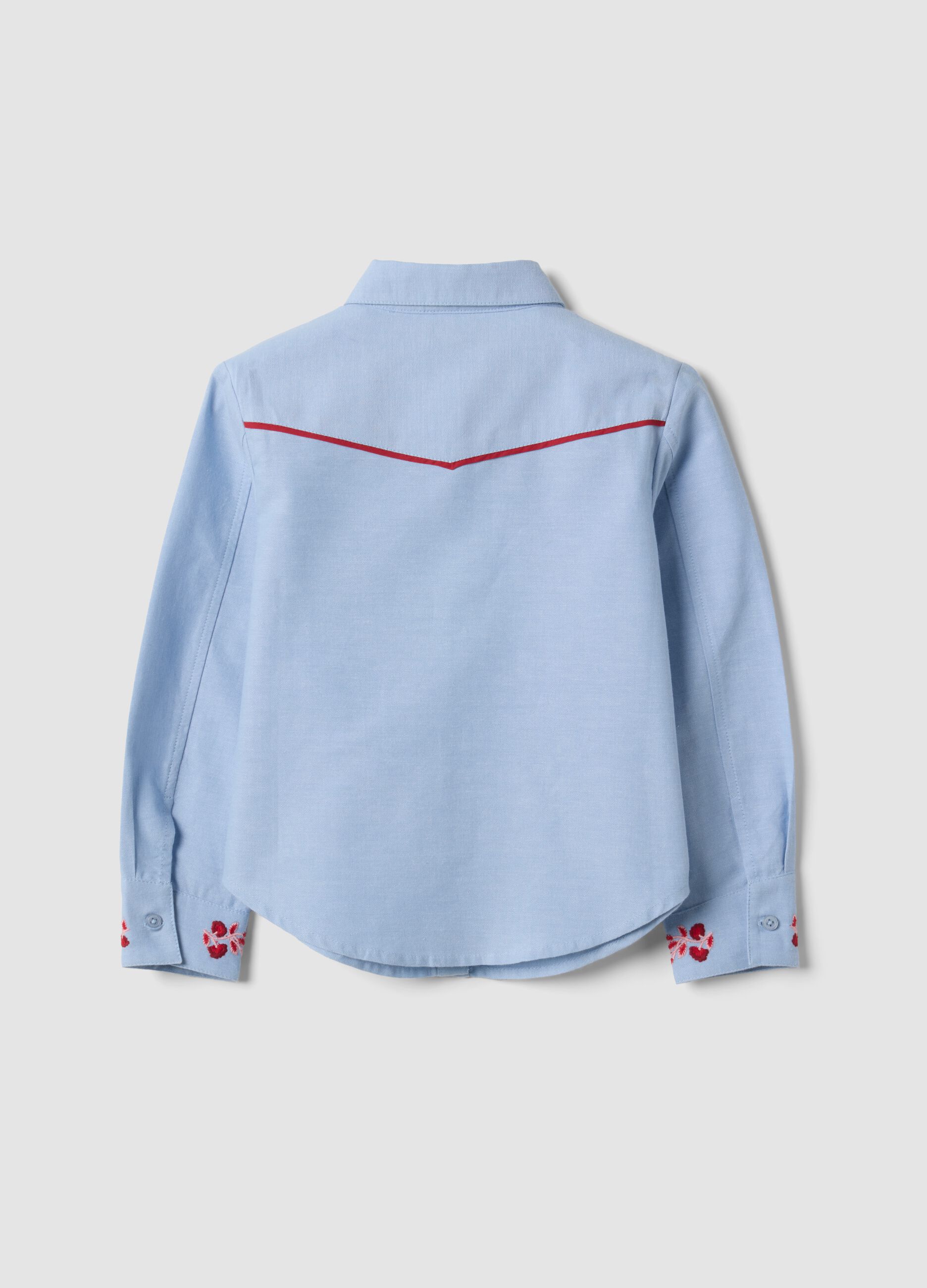 Light blue pure cotton shirt with floral embroidery