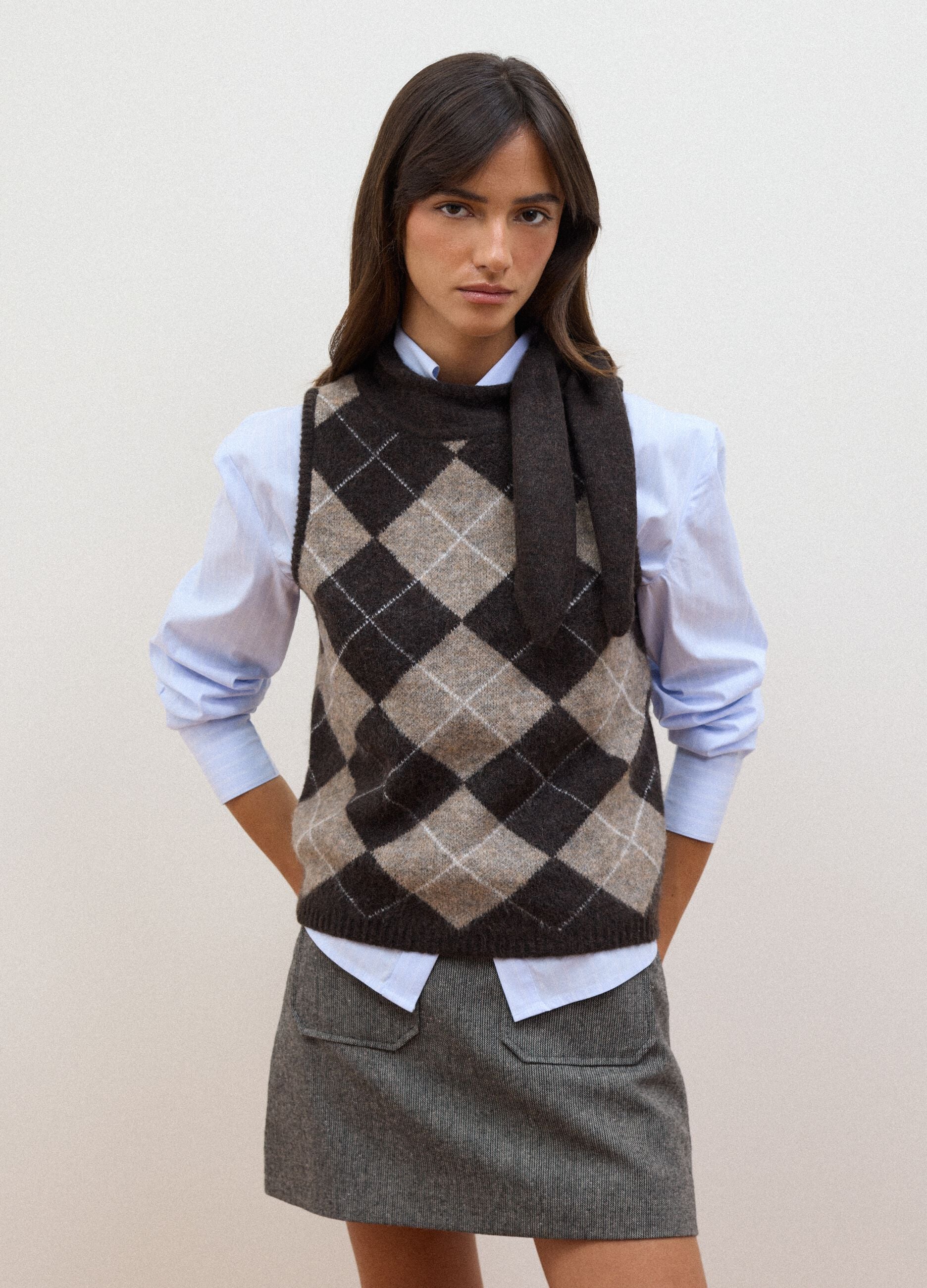 Brown stretch wool gilet with stand collar
