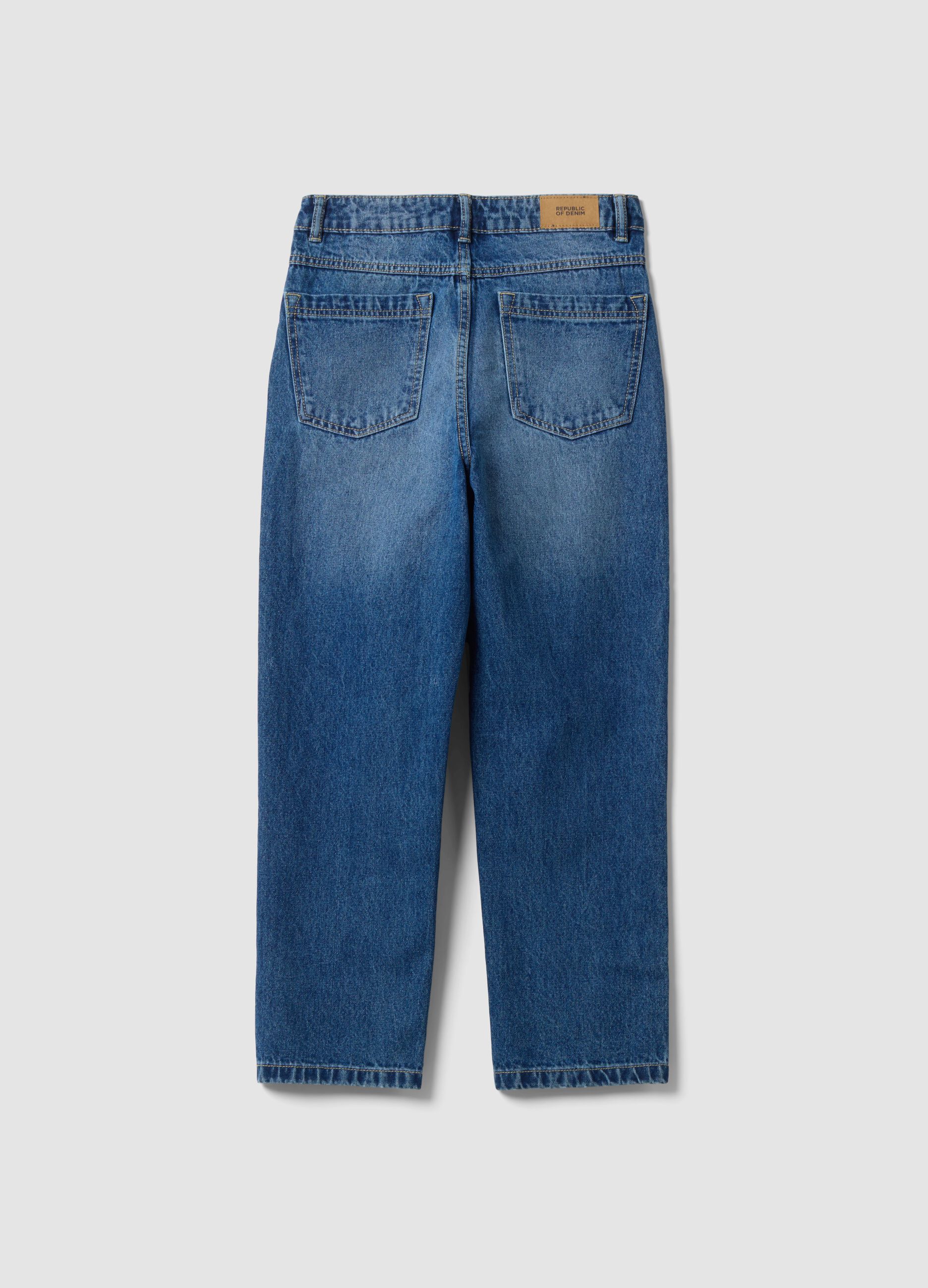 Jeans blu baggy in puro cotone con strappi per ragazzo