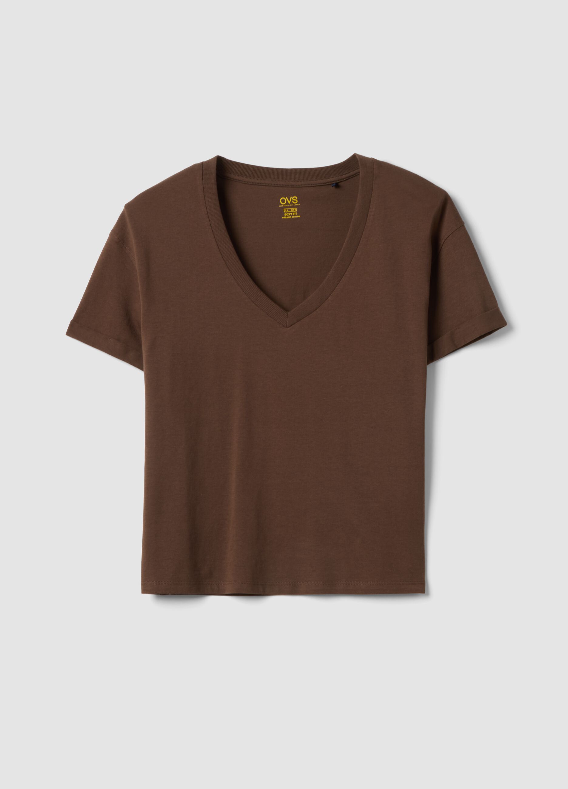 Brown pure cotton V-neck relaxed fit T-shirt