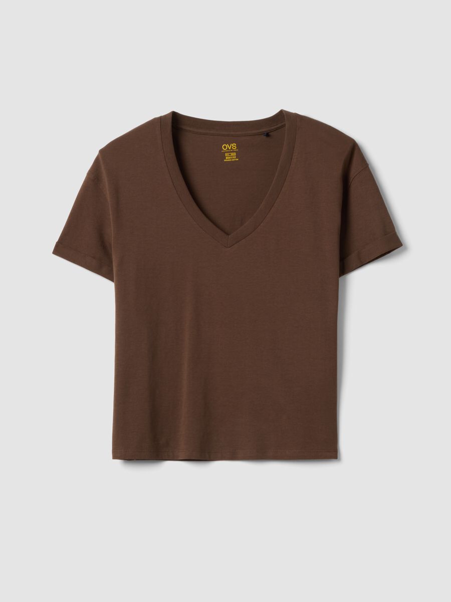 Brown pure cotton V-neck relaxed fit T-shirt_4