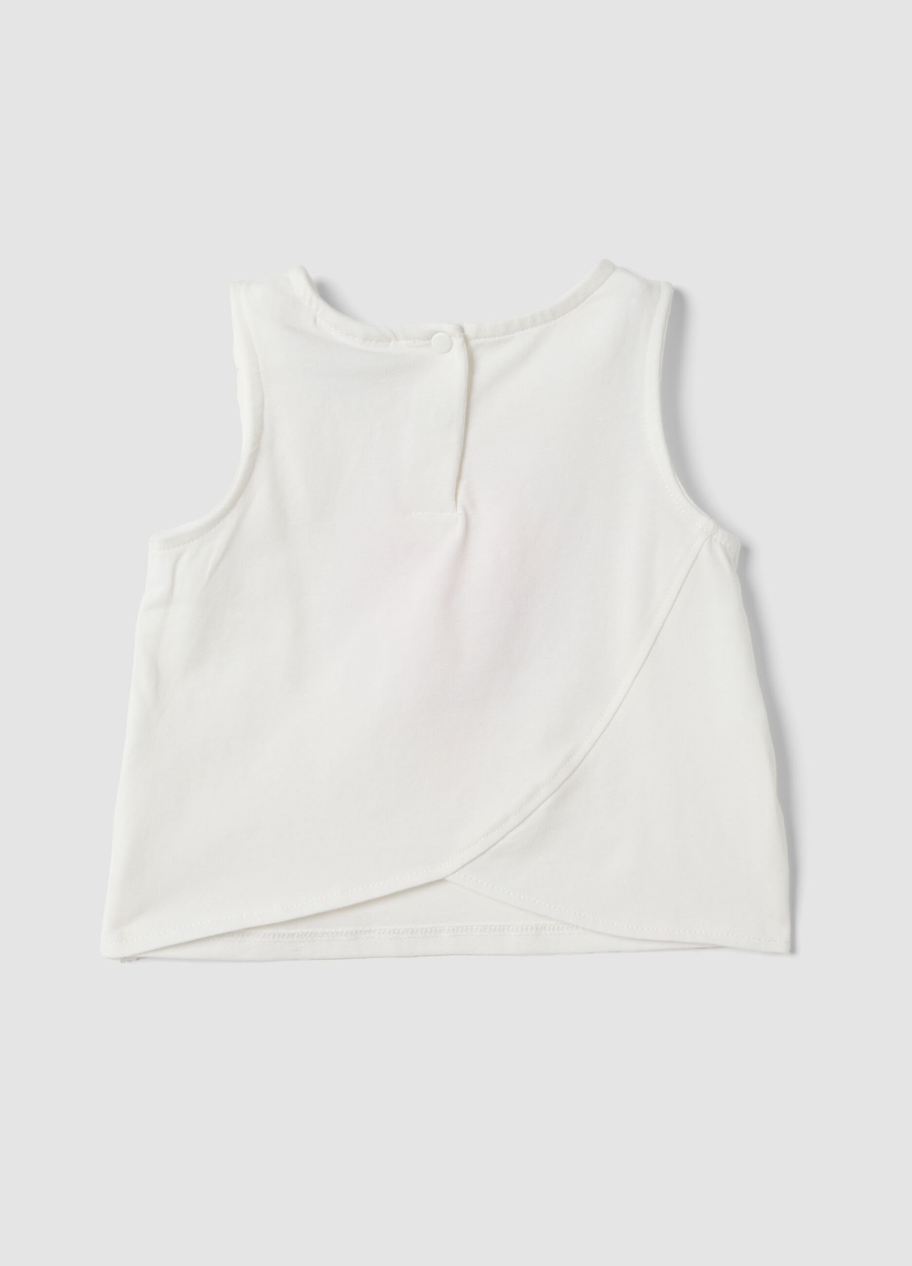 White fitted stretch cotton tank top with floral print for baby girl