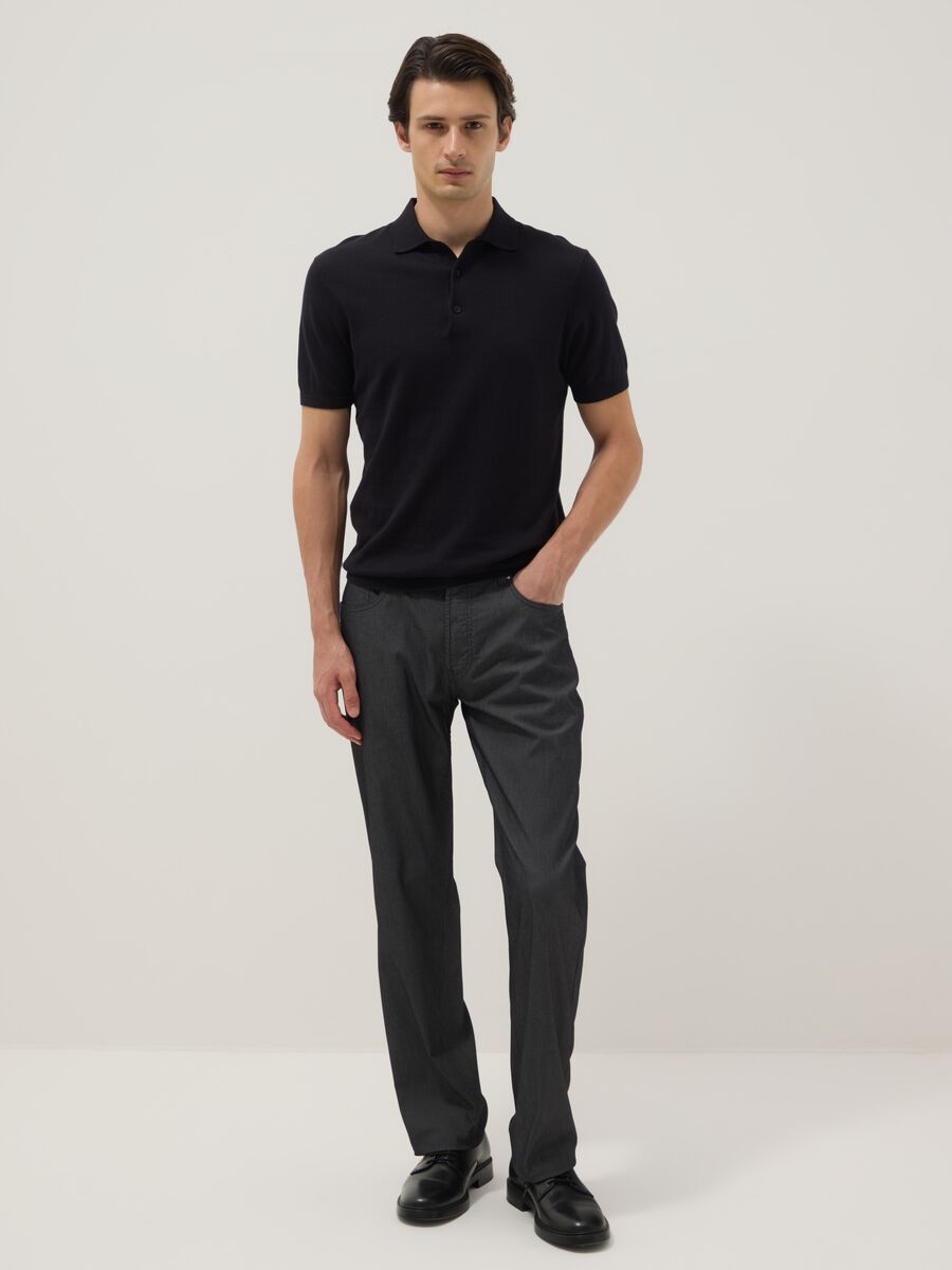Black stretch cotton regular fit trousers with five pockets_0