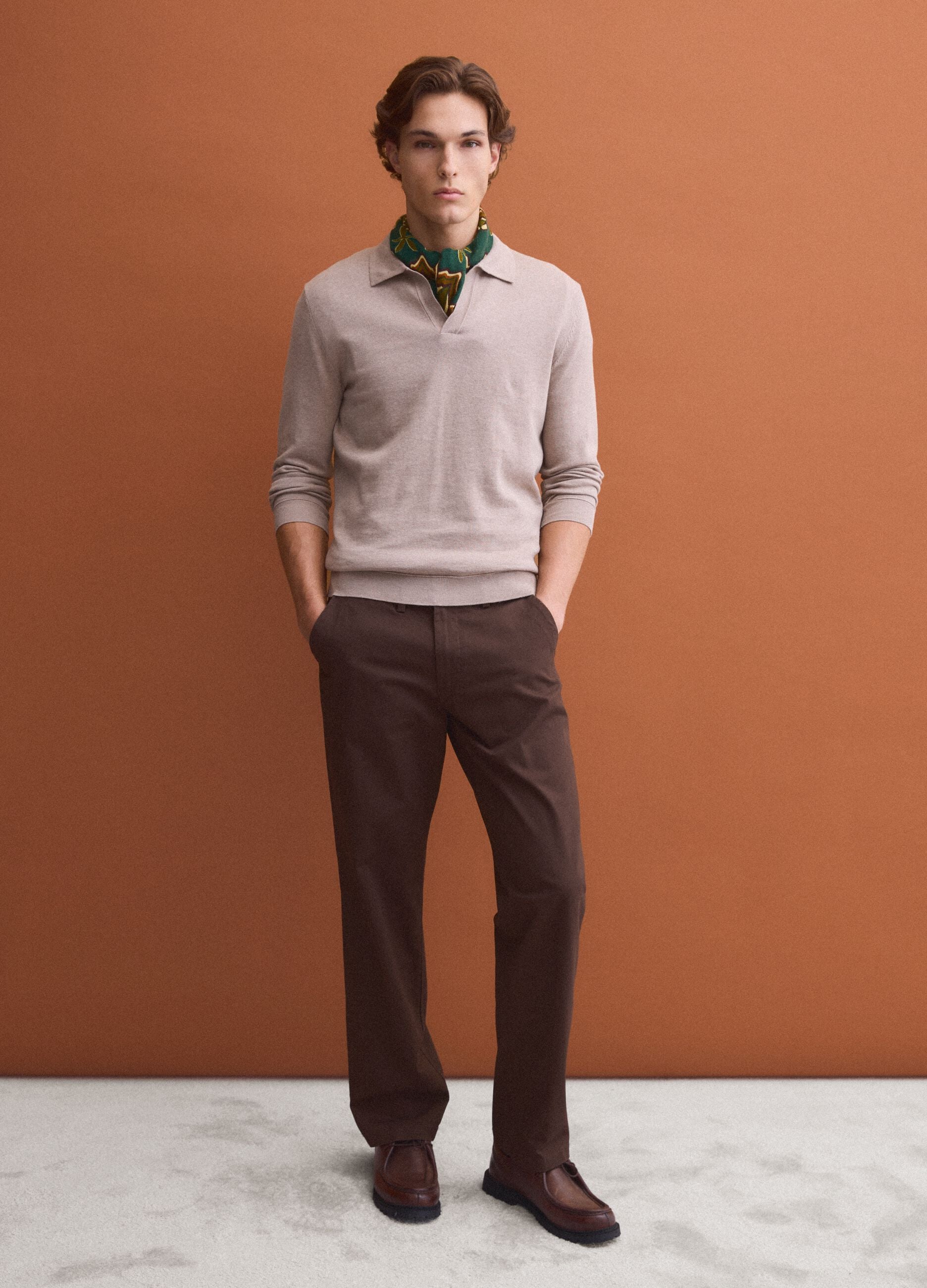 Beige long-sleeve pure cotton polo shirt