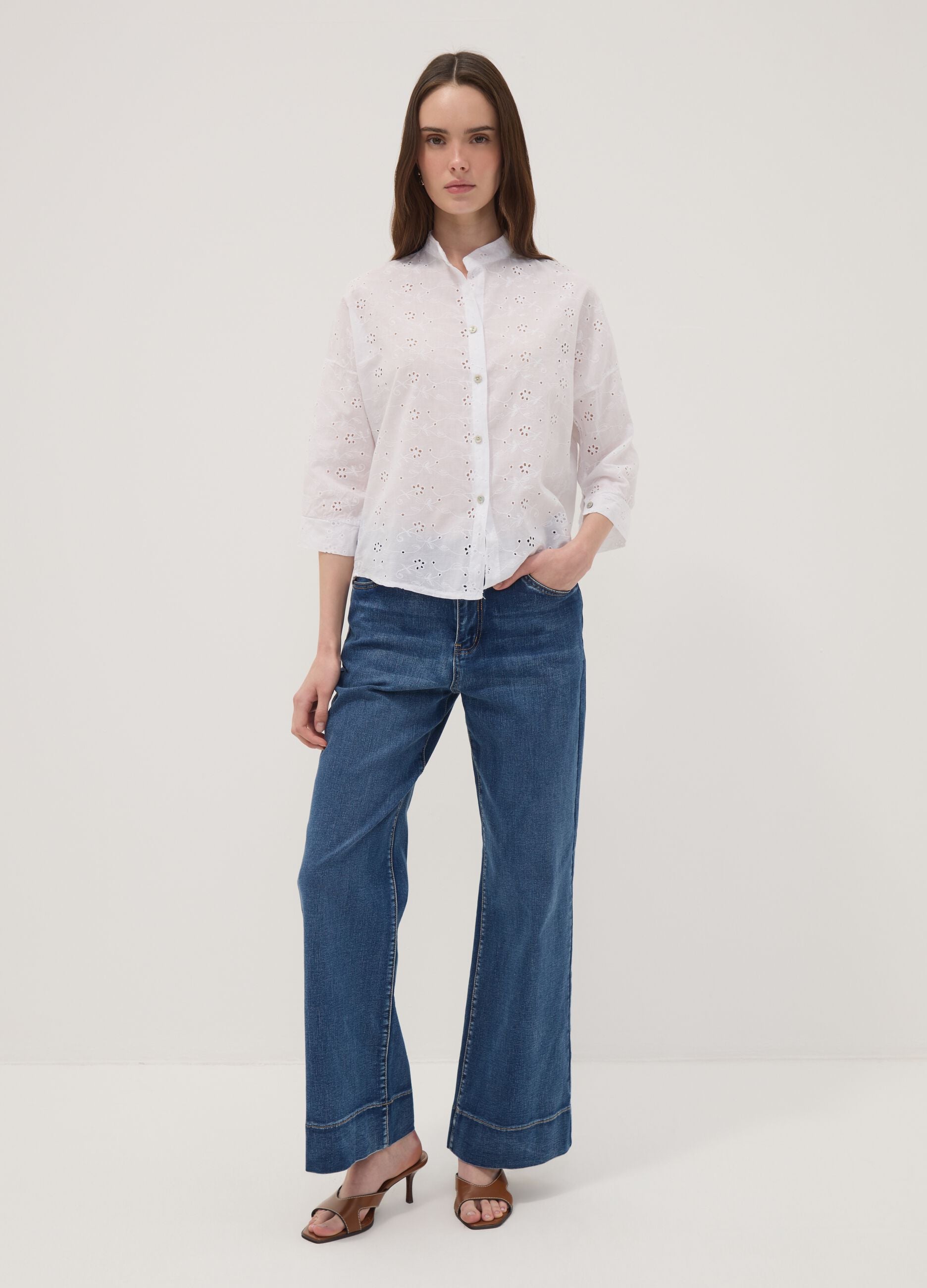 White broderie anglaise pure cotton shirt with Mandarin collar, regular fit