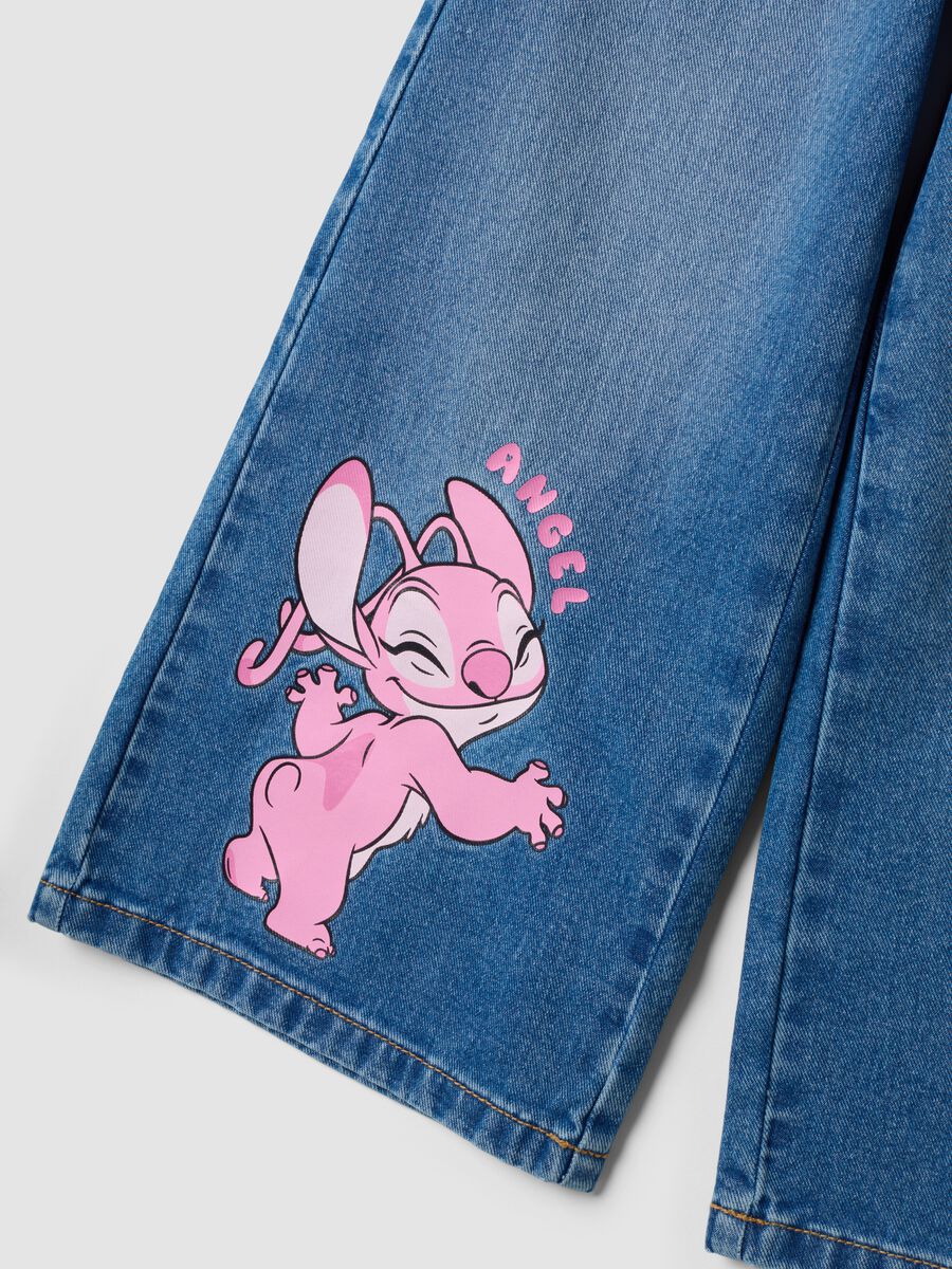 Blue pure cotton wide-leg denim jeans with Lilo & Stitch print for girls_3