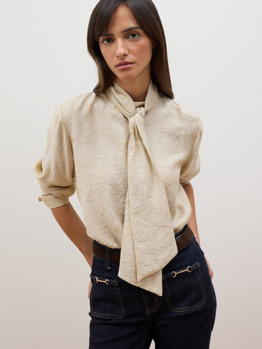 Beige viscose-blend blouse with bow collar_0