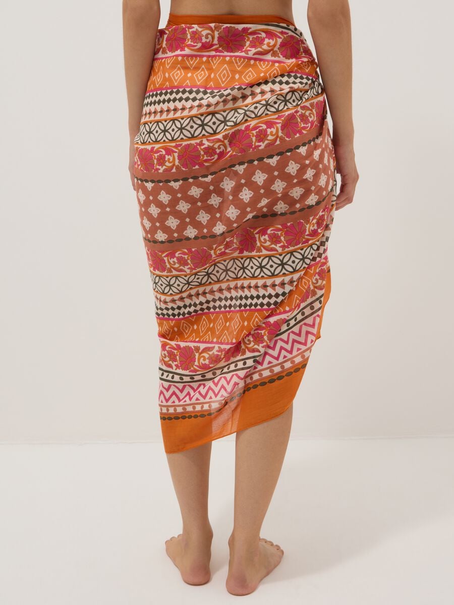 Orange pure cotton pareo with patterned print_2