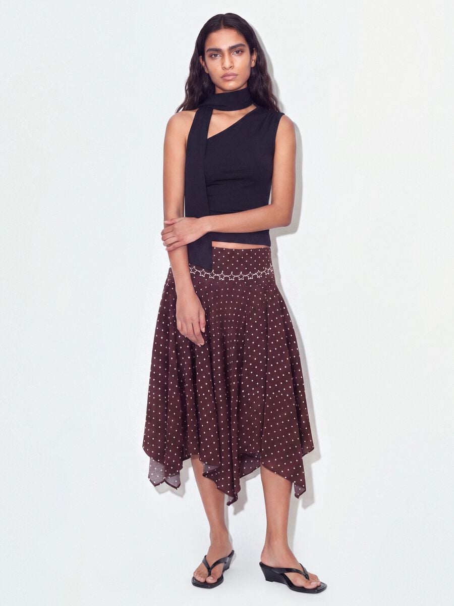 Black stretch top with asymmetric neckline and draped band_1