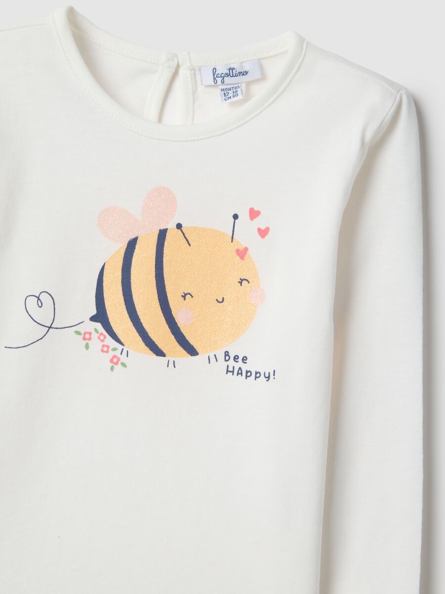 Girls' white long sleeve pure cotton t-shirt with bee_2