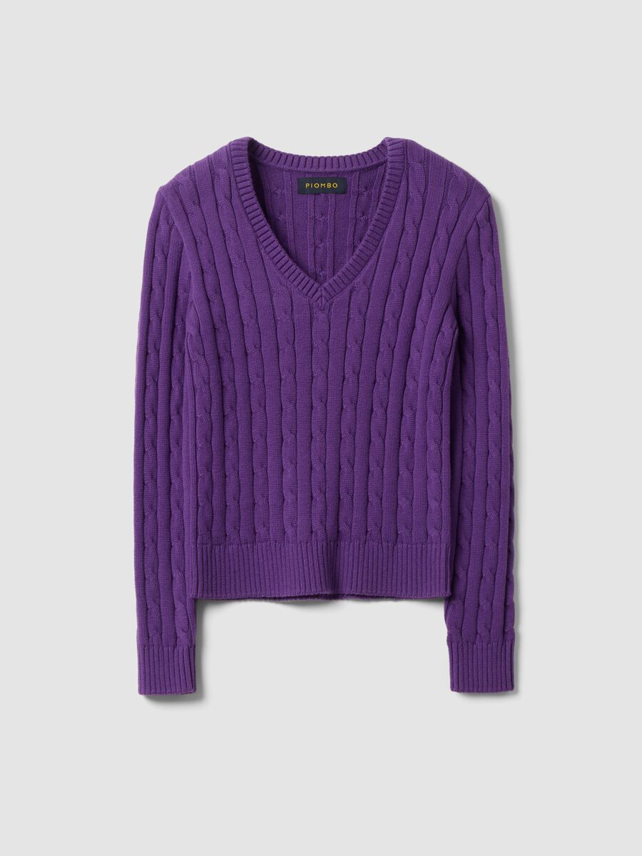 Violetter Zopfpullover aus reiner Baumwolle mit tiefem V-Ausschnitt_0