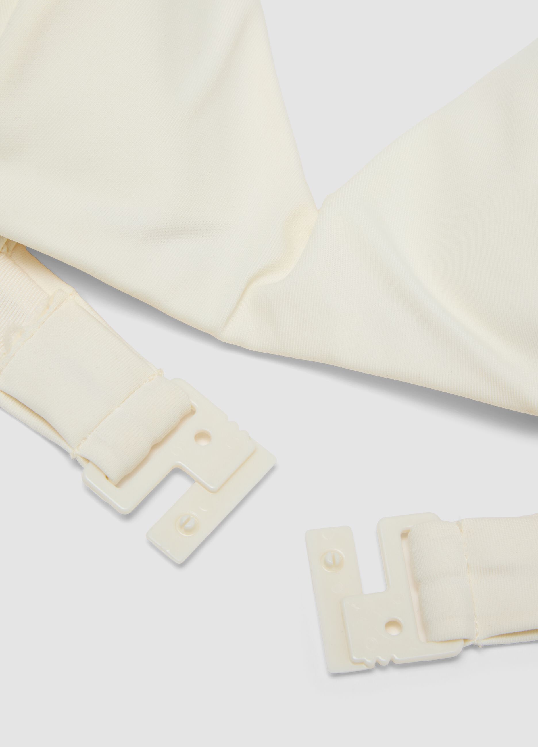 White stretch-fabric bikini top with embellished straps
