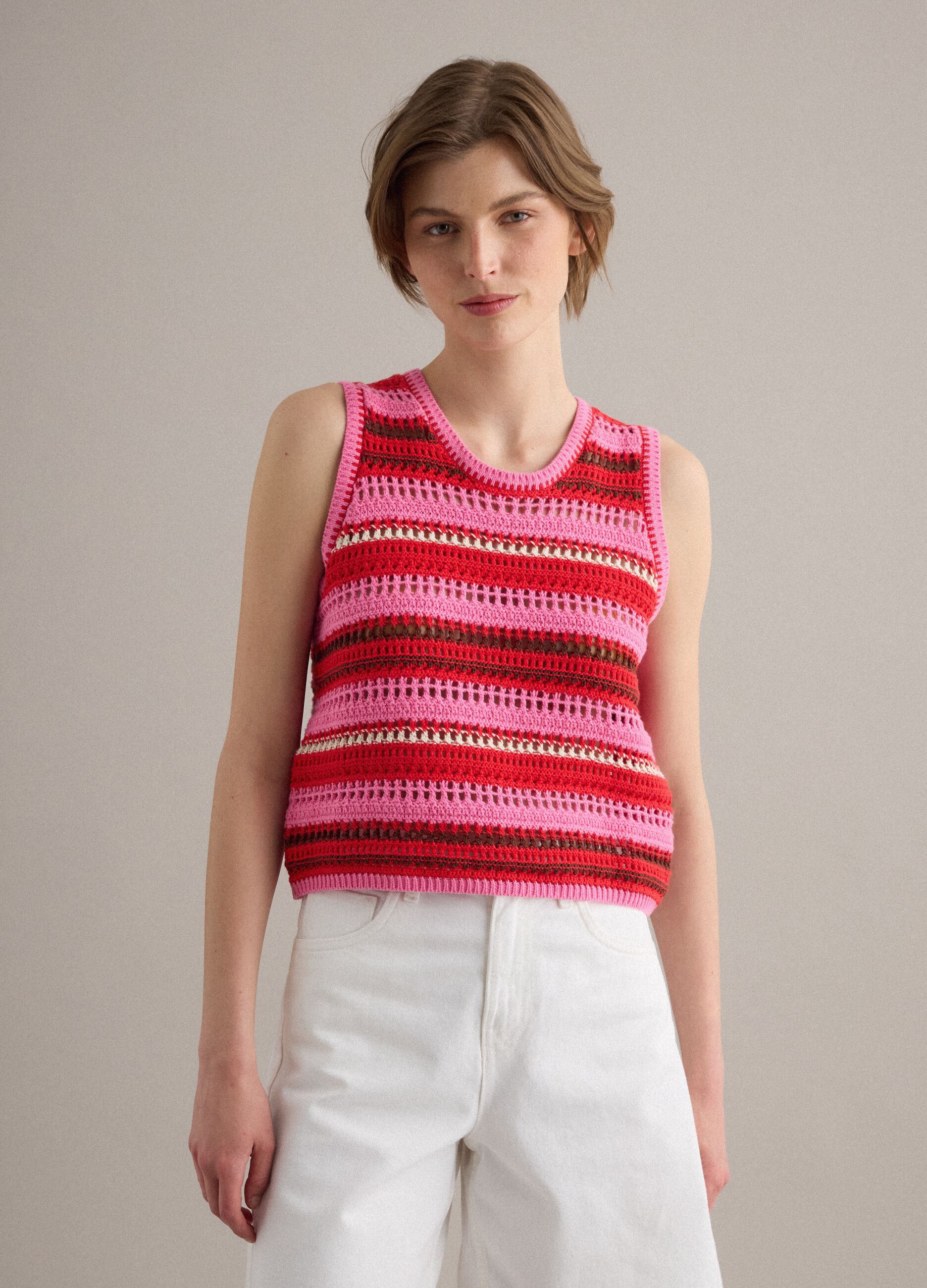 Gestrickte Weste aus reiner Baumwolle mit Multicolour-Streifen, Regular Fit