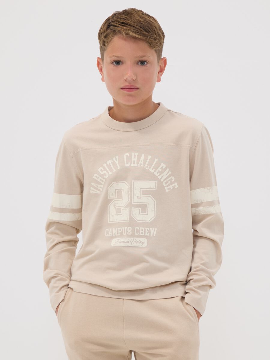 Beige pure organic cotton T-shirt with college print for boys_1