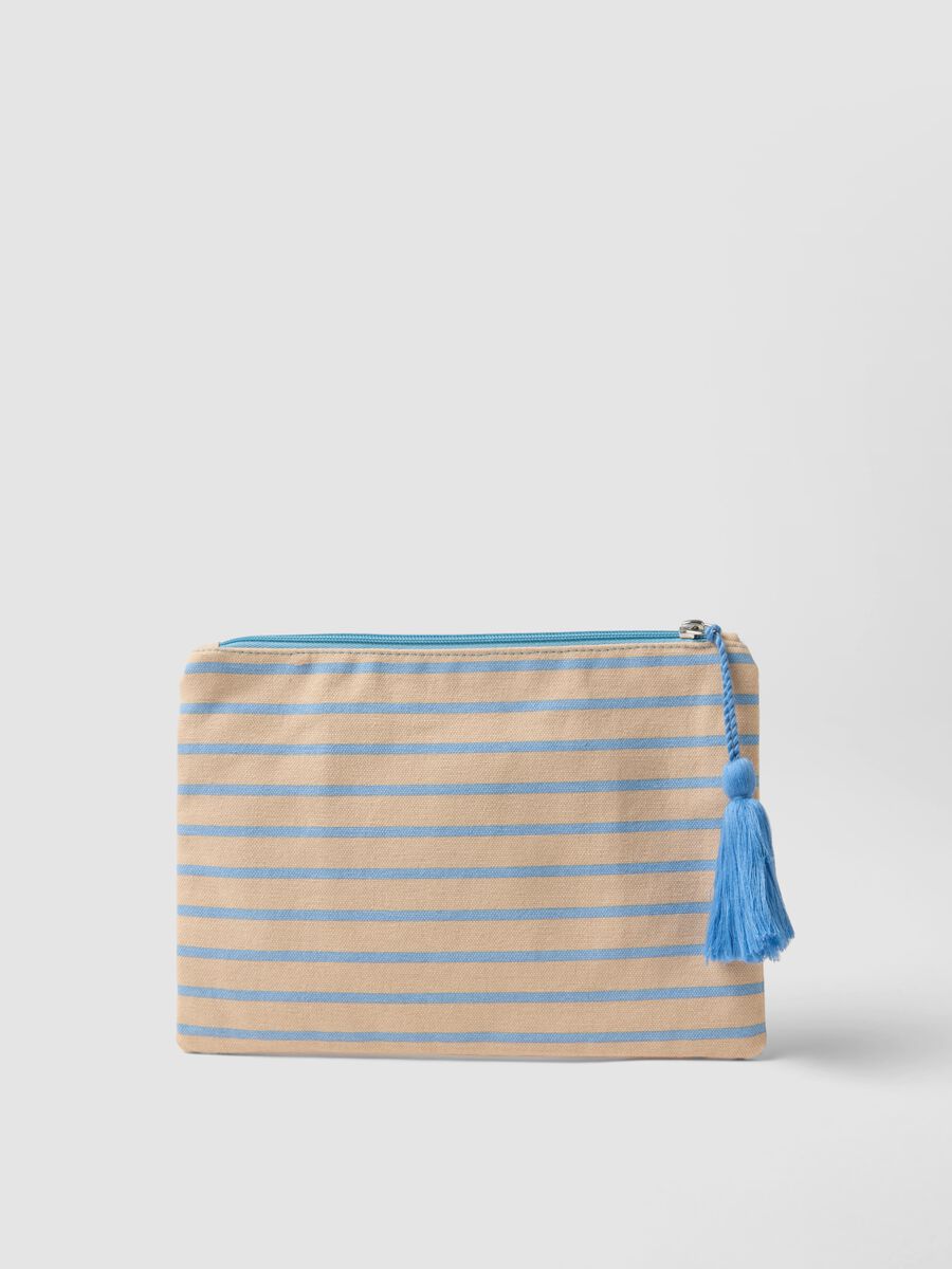 Beige pure cotton pouch with light blue stripes, tassel and zip_1