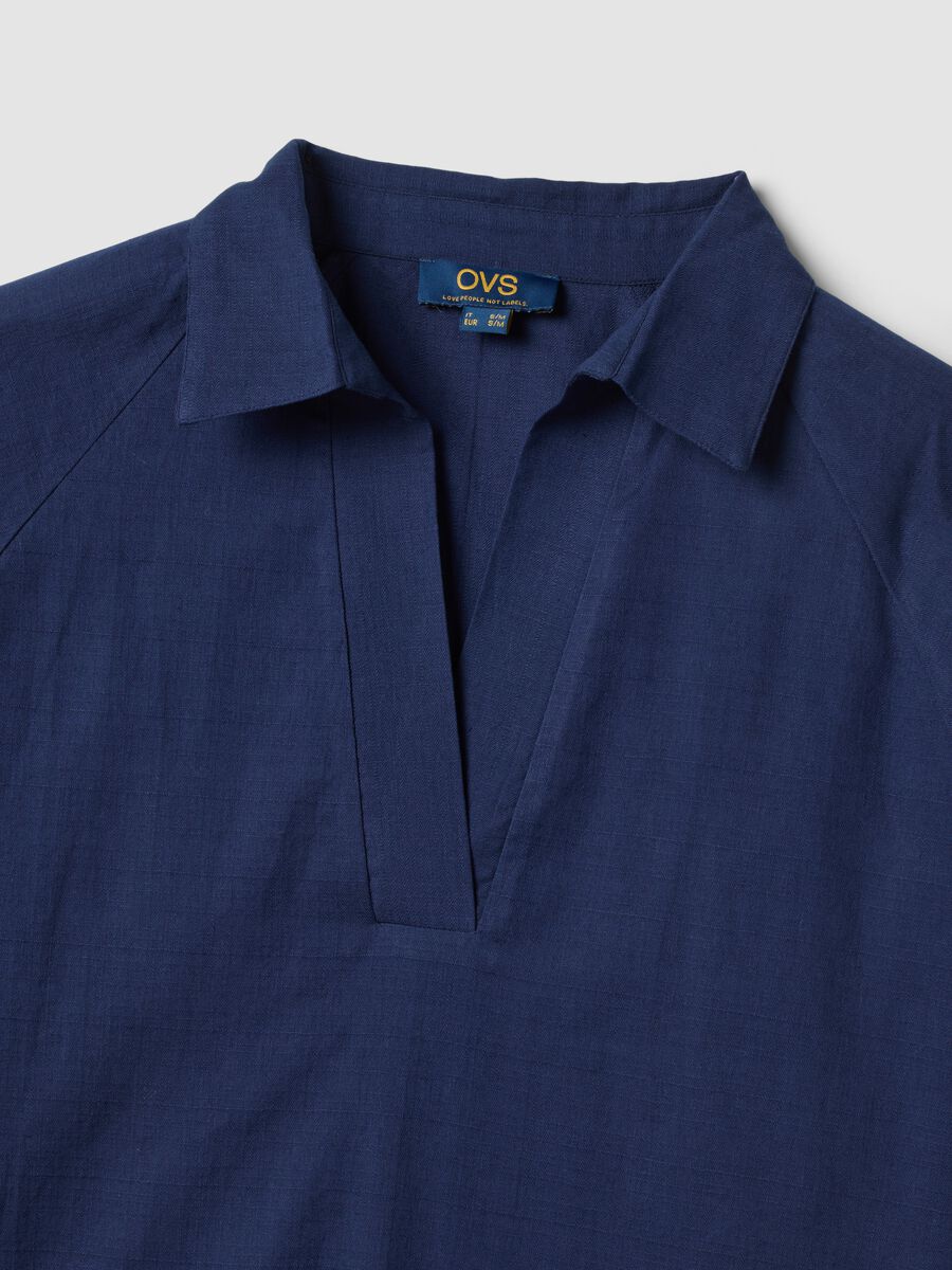 Top bleu en pur coton &agrave; col V_1