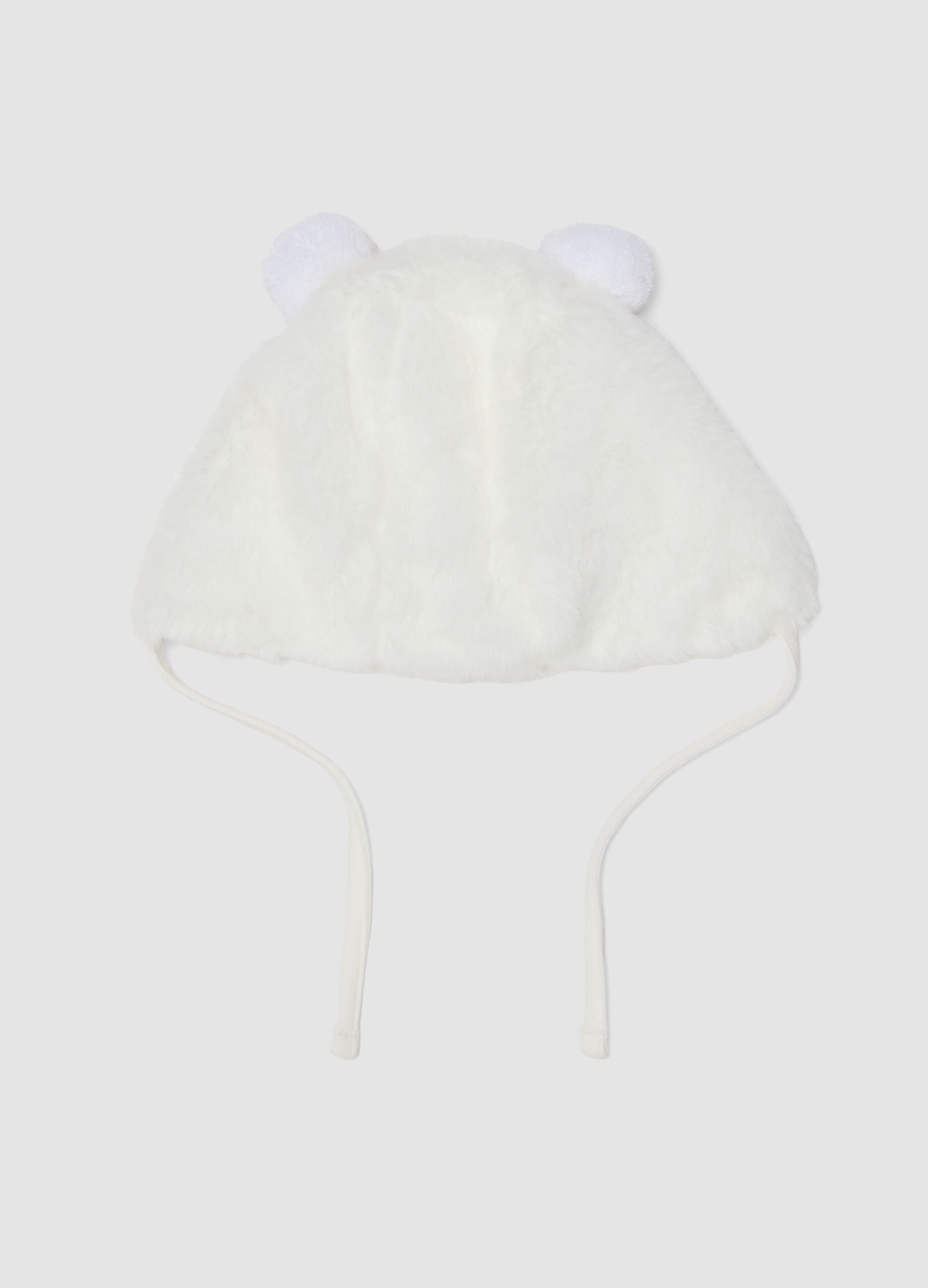 White organic cotton teddy-effect hat for baby girl