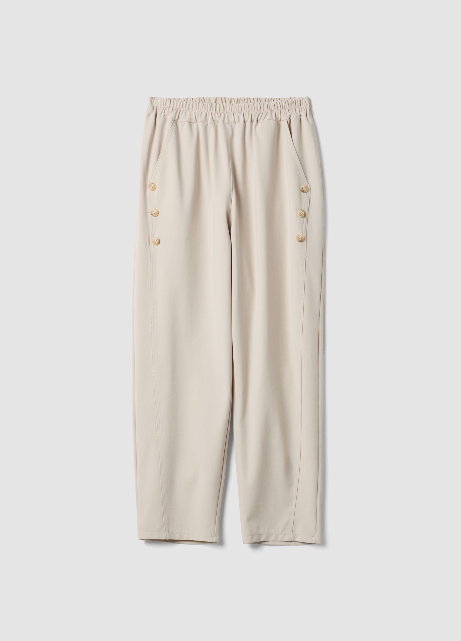 Beige regular-fit stretch cotton trousers with elasticated waist
