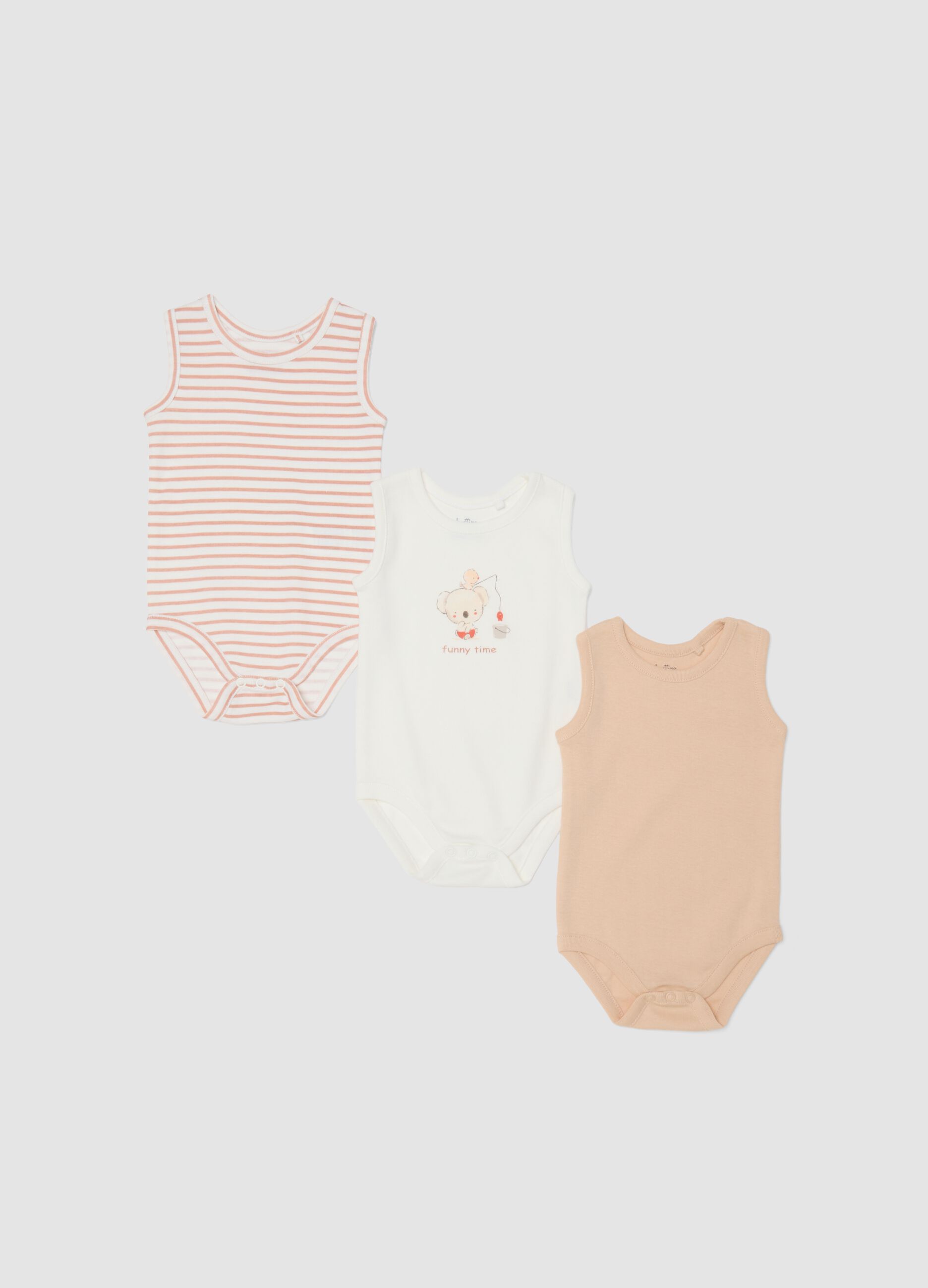 3-pack multicolour sleeveless organic cotton baby bodysuits