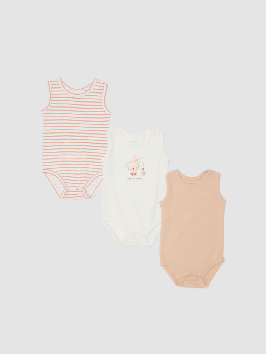 3-pack multicolour sleeveless organic cotton baby bodysuits_0