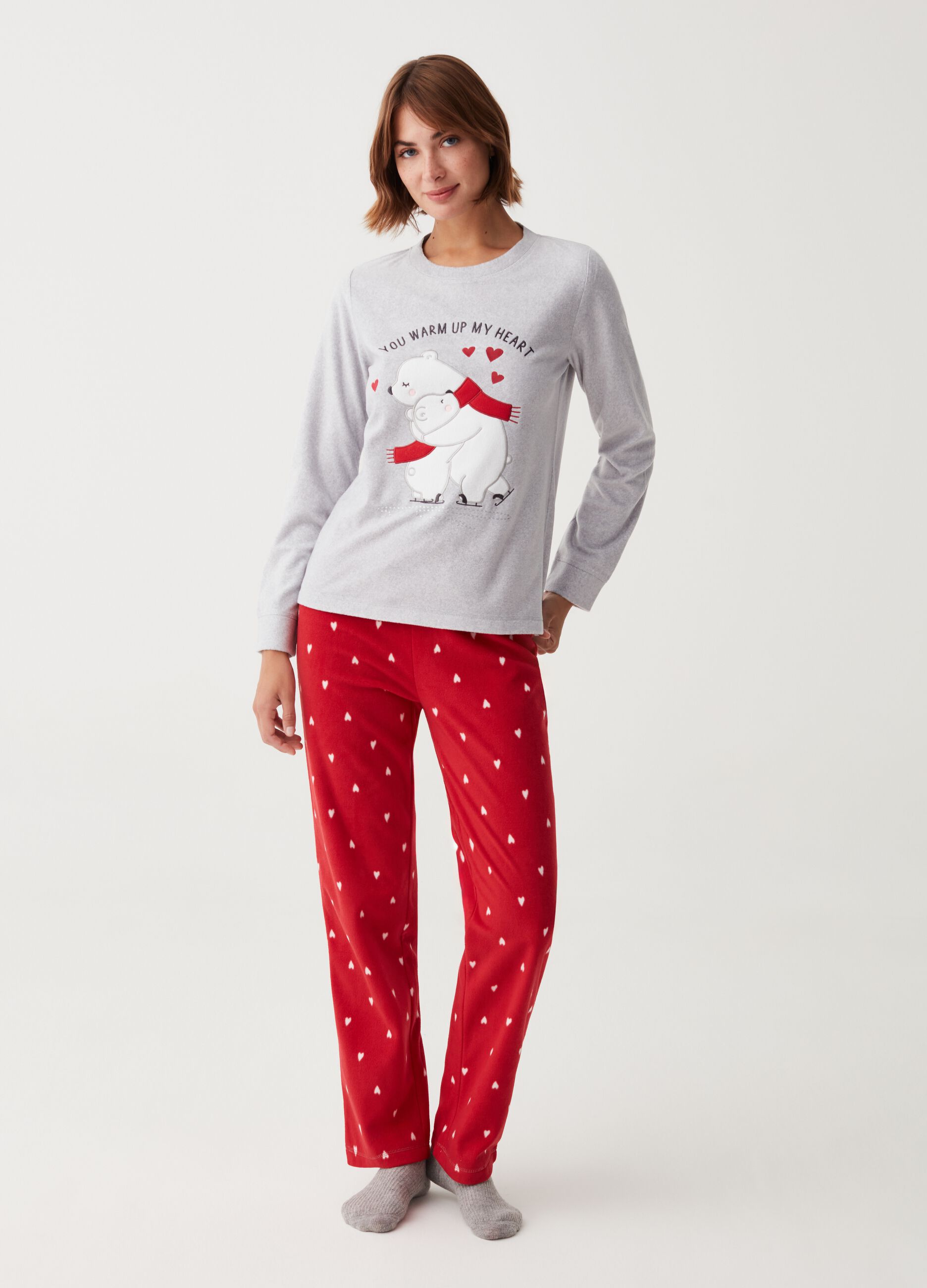 Woman's Grey/Red Full-length fleece pyjamas with bear embroidery | OVS