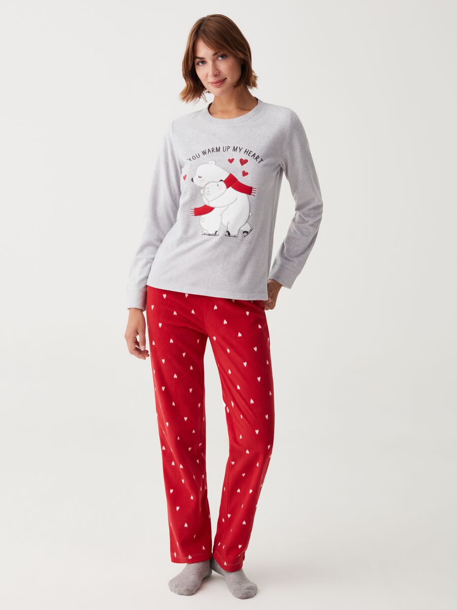Full-length fleece pyjamas with bear embroidery_0