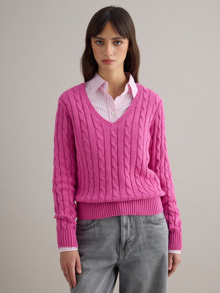 Pink pure cotton regular fit pullover with cable knit design_1