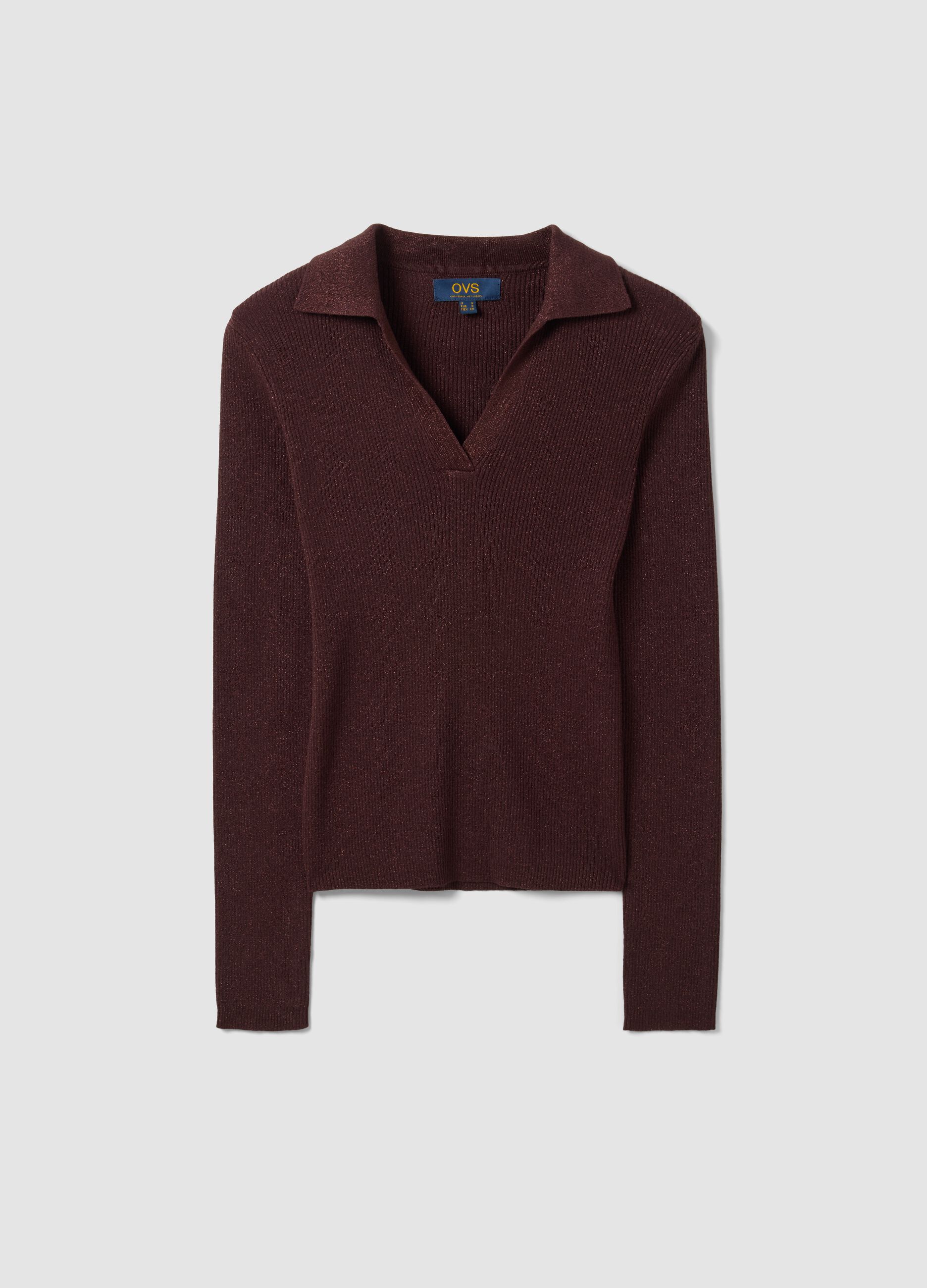 Brown ribbed viscose-blend polo-collar top
