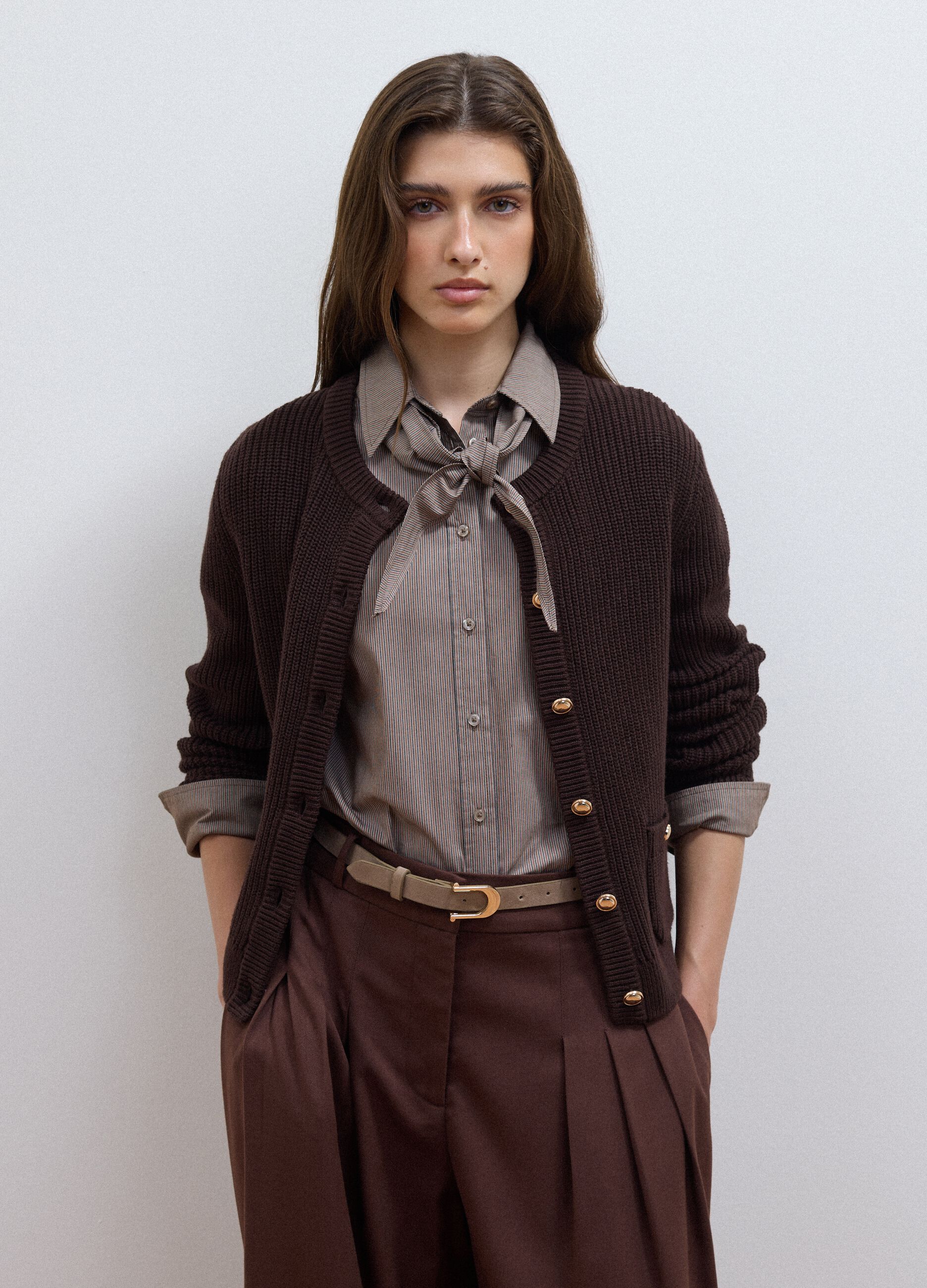 Brown pure cotton crew-neck knit cardigan