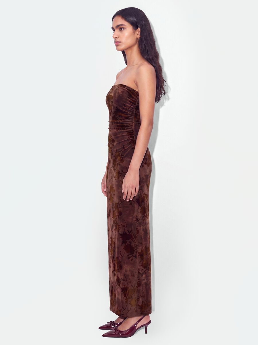 Red long fitted dress in stretch fabric with floral pattern_2
