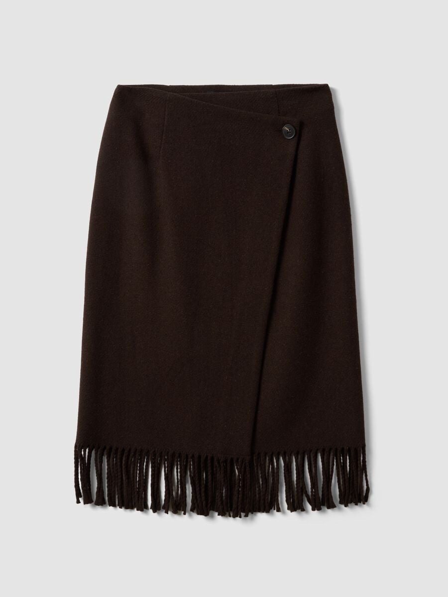 Brown viscose-wool blend skirt with fringed hem_0