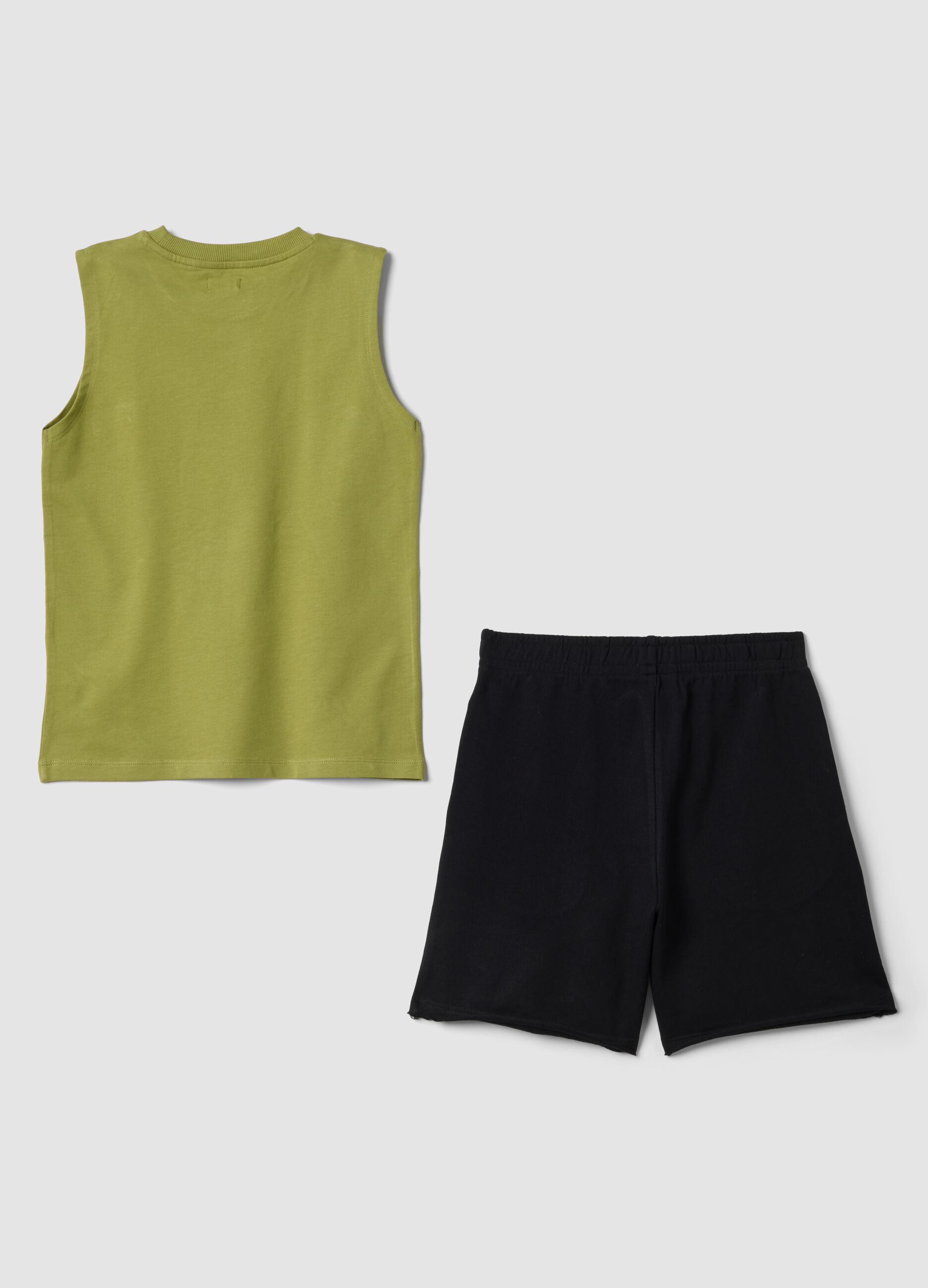 Conjunto verde e azul em algod&atilde;o puro com top sem mangas e cal&ccedil;&otilde;es