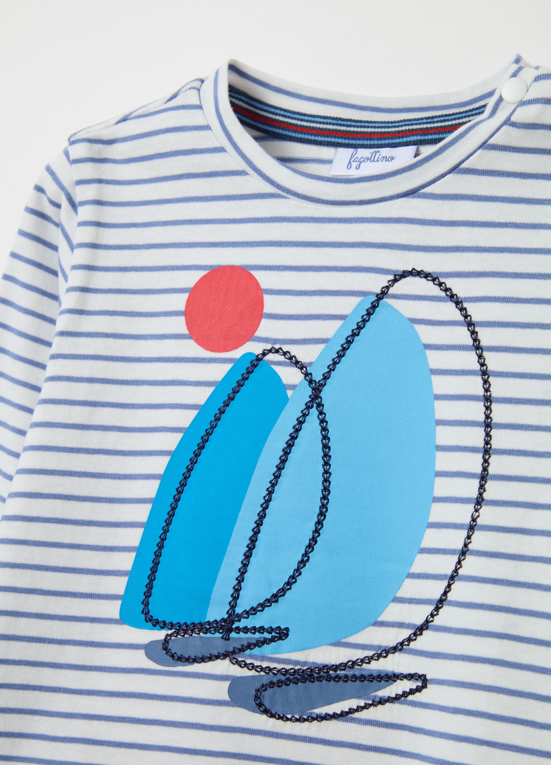 Striped cotton T-shirt with sail boat print