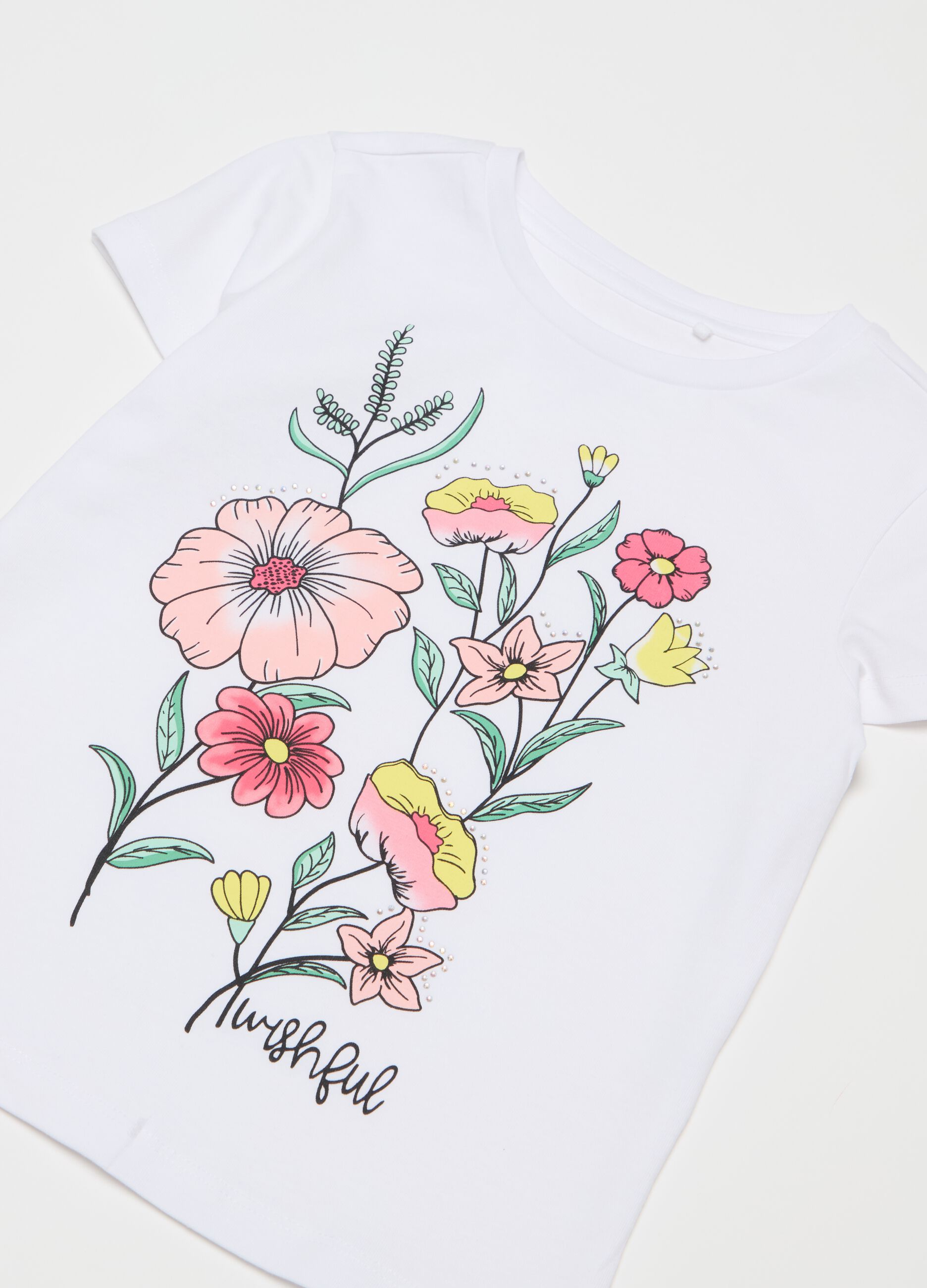 T-shirt con strass e stampa fiori