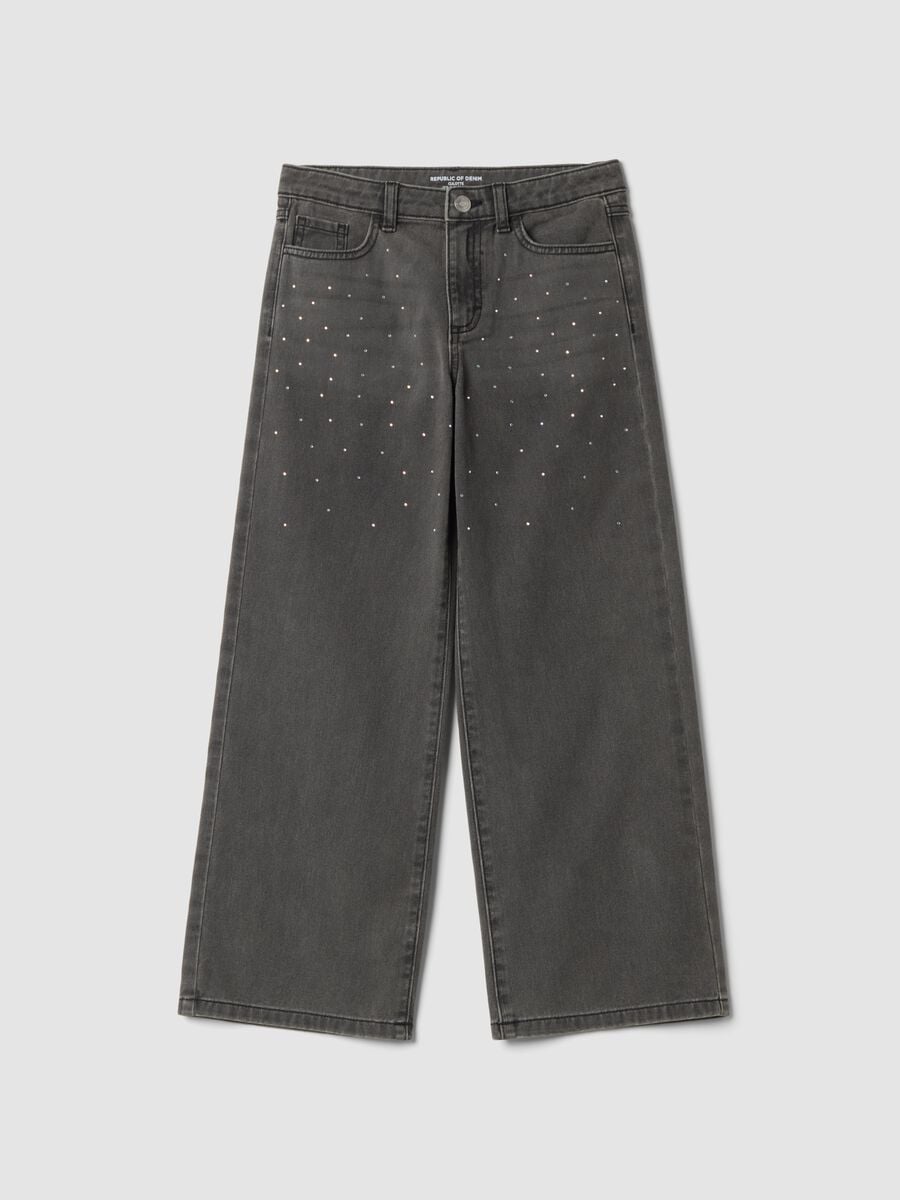 Jeans cinzentos wide leg em algod&atilde;o puro com strass_0