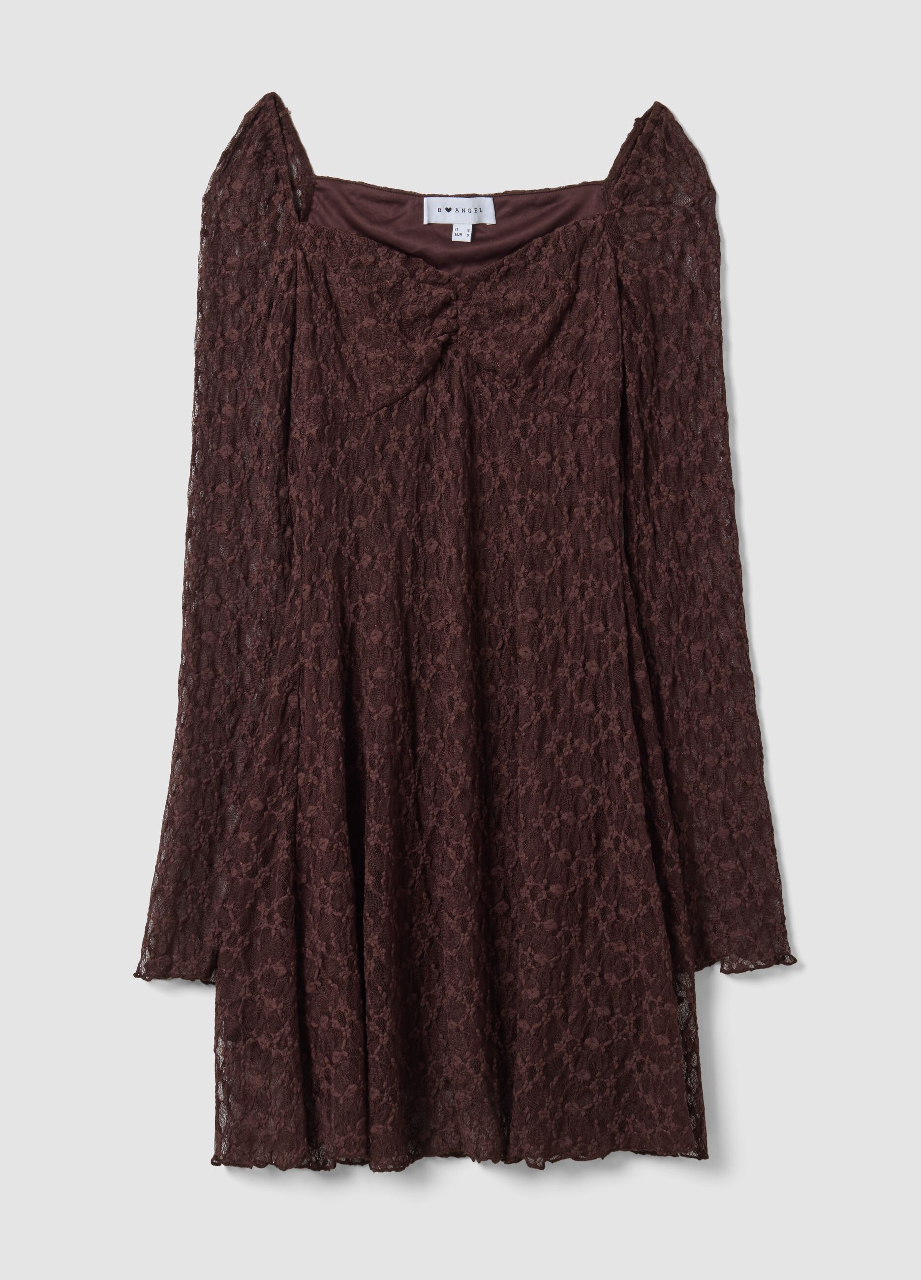 Brown stretch-fabric dress with deep V-neck, regular fit