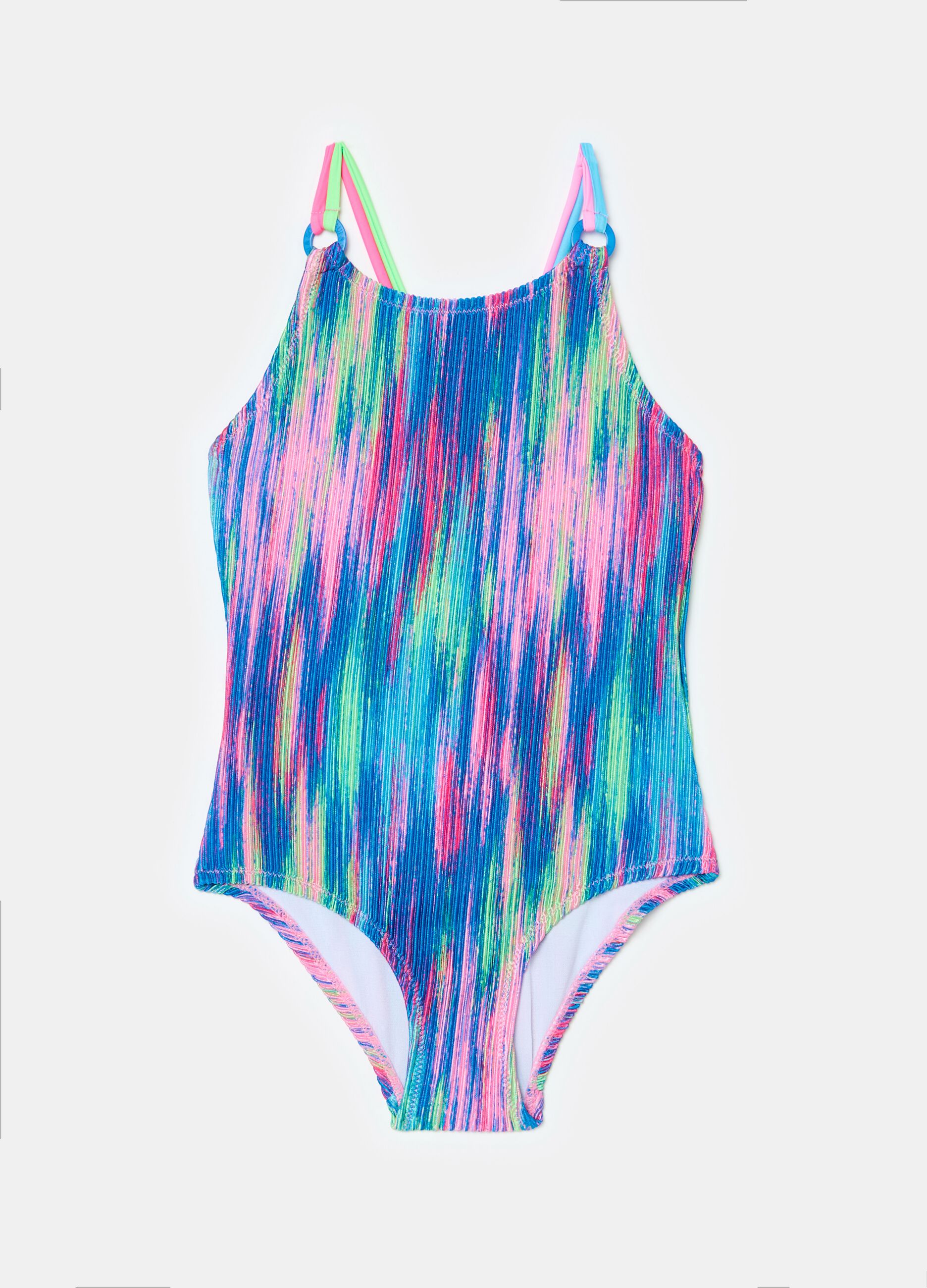 Tie-dye one-piece swimsuit with striped weave