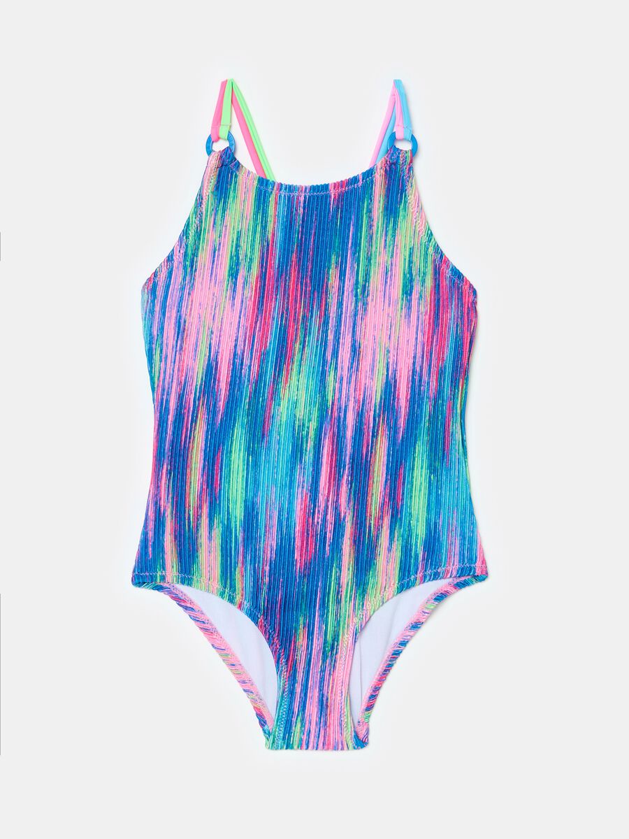 Tie-dye one-piece swimsuit with striped weave_0