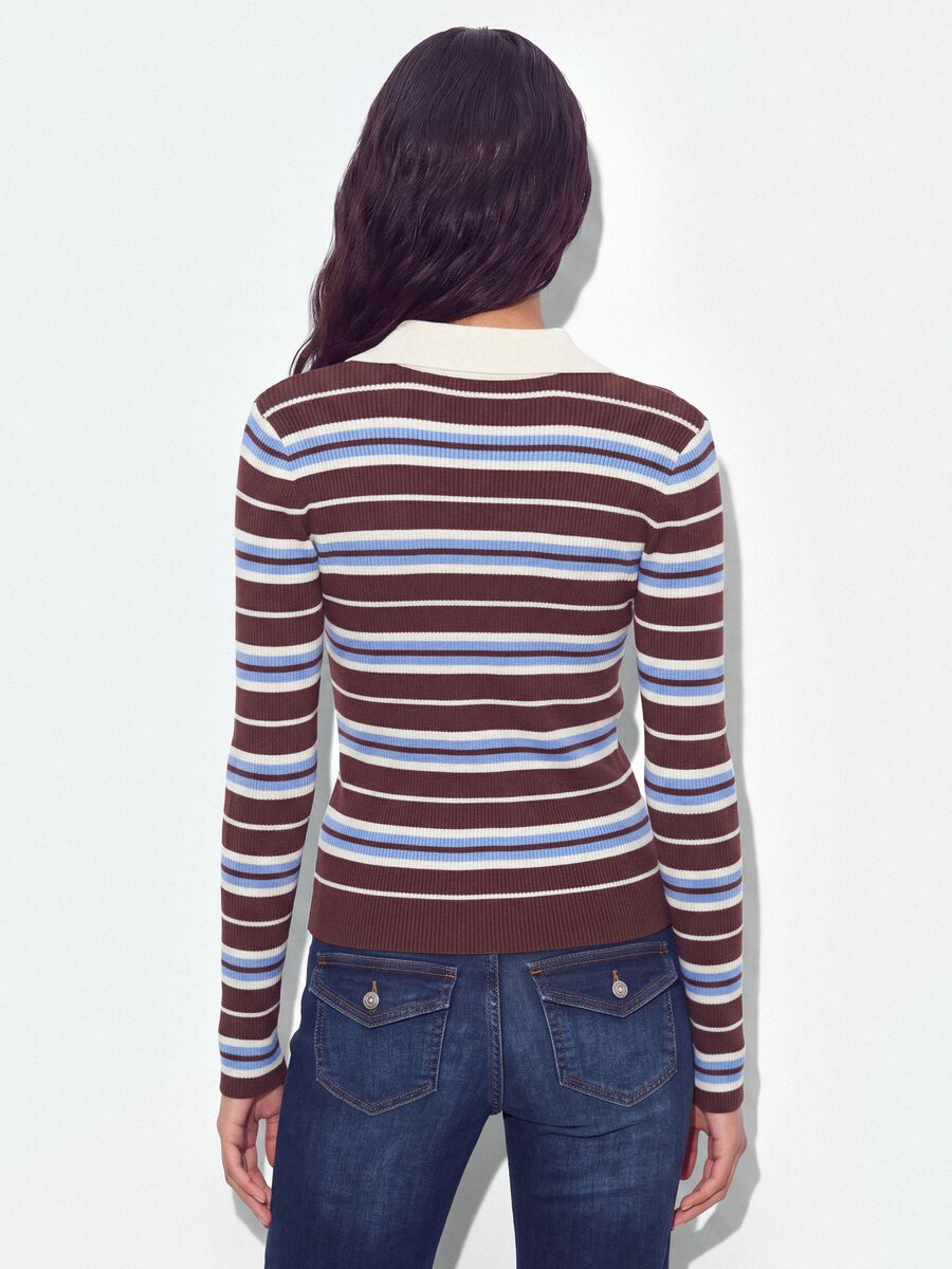 Multicolour striped viscose-blend fitted polo-collar knit top_2